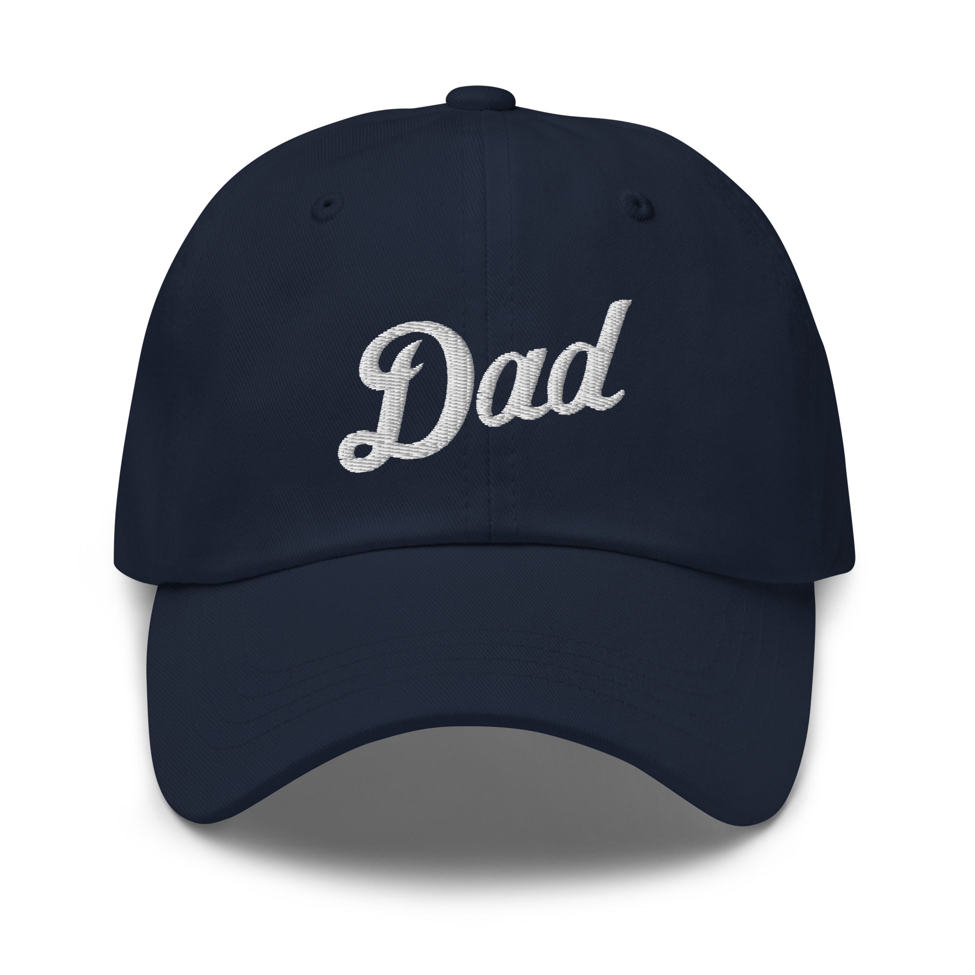 Navy dad hat with white embroidered "Dad" text on the front, featuring a curved brim and adjustable strap.