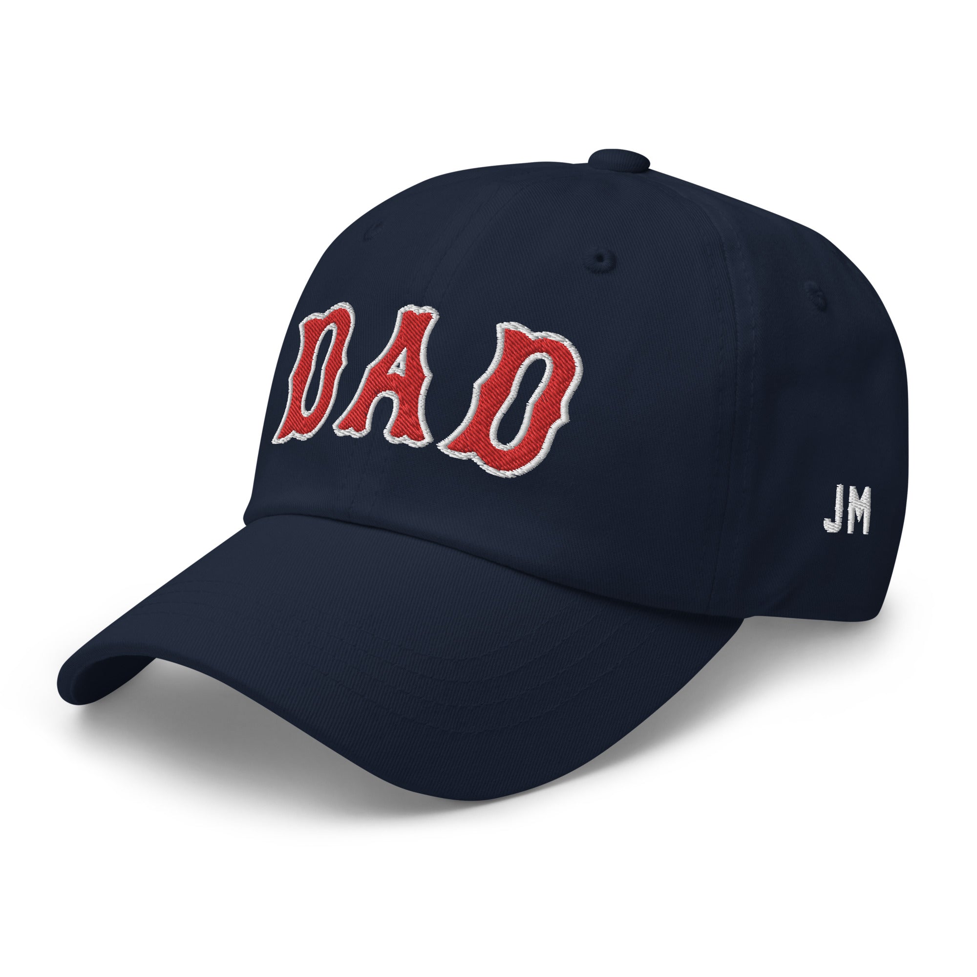 Navy dad hat with red and white embroidered "DAD" text, and "JM" initials on the side, perfect for Boston baseball dads.