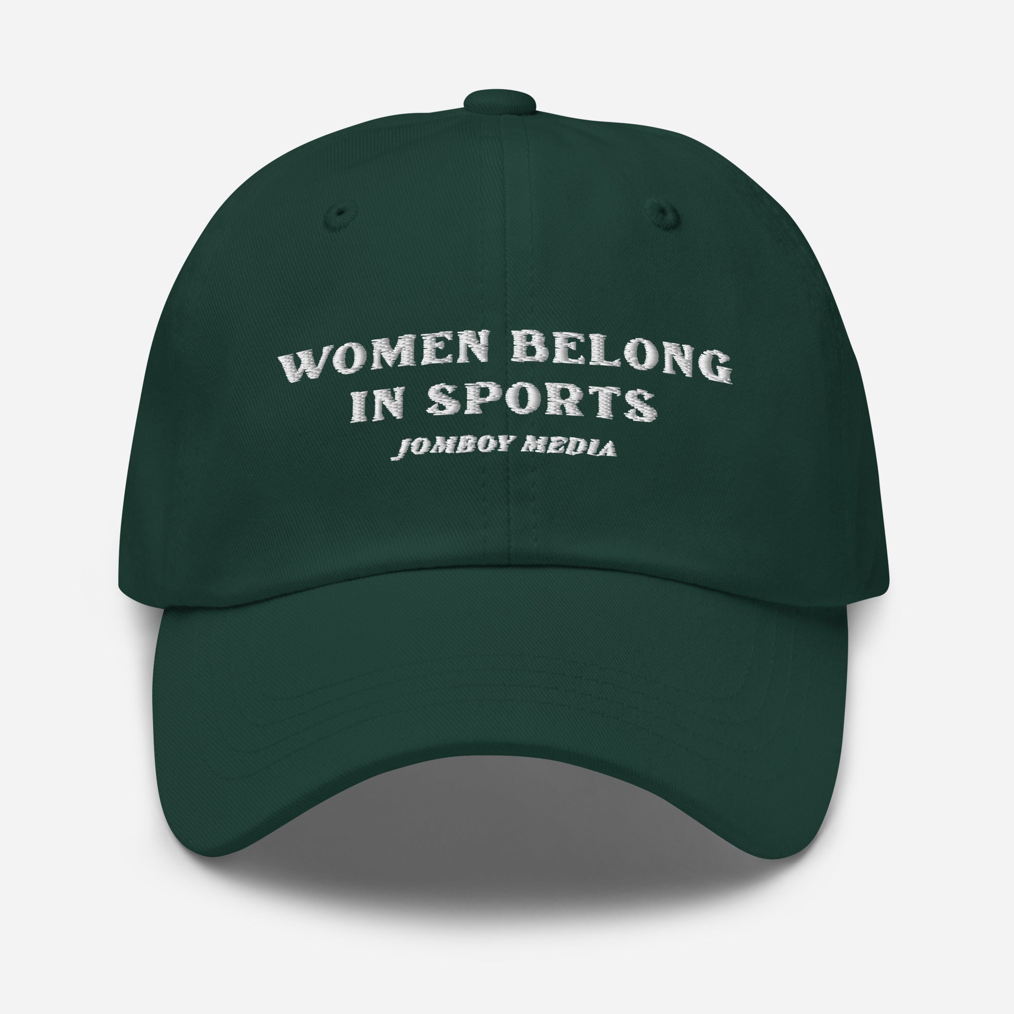 Green dad hat with white embroidered text: "Women Belong in Sports" and "Jomboy Media" underneath.