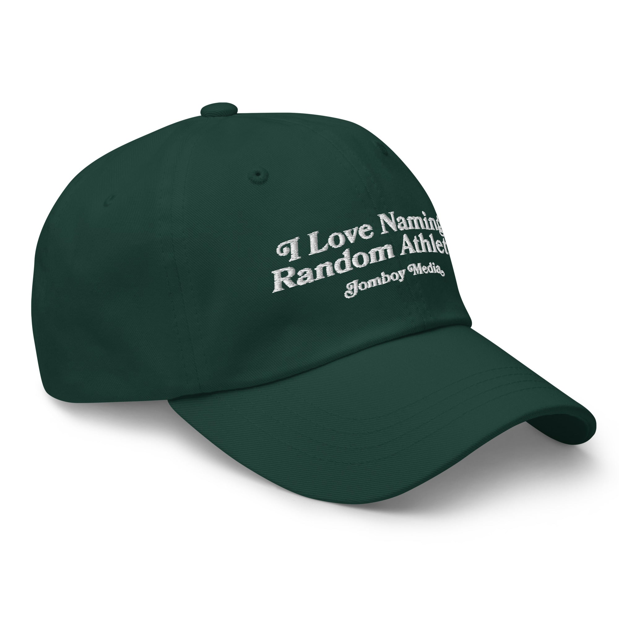 Dark green dad hat with white embroidered text: "I Love Naming Random Athletes" and "Gamboy Media.