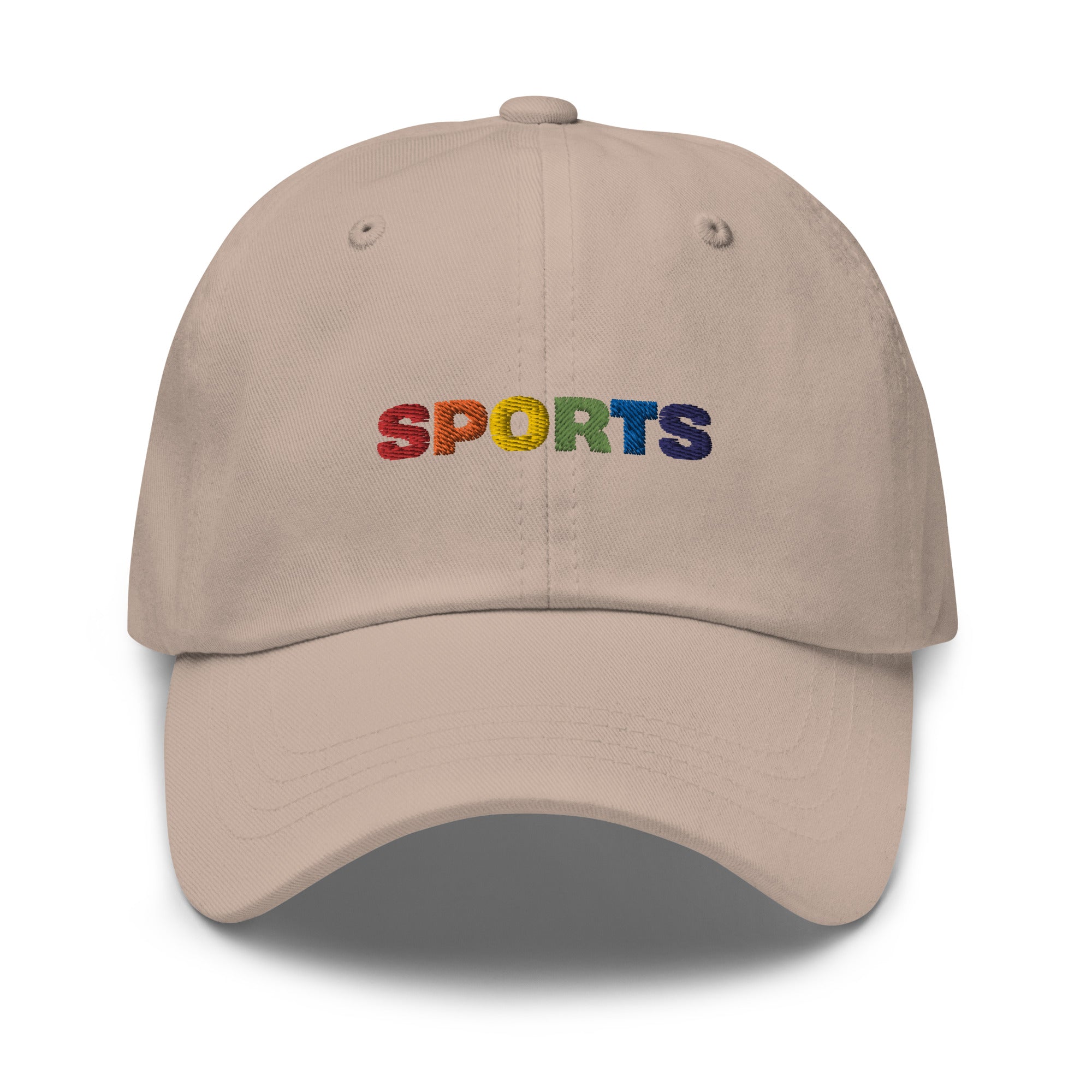 Beige dad hat with colorful embroidered "SPORTS" text in rainbow colors on the front.
