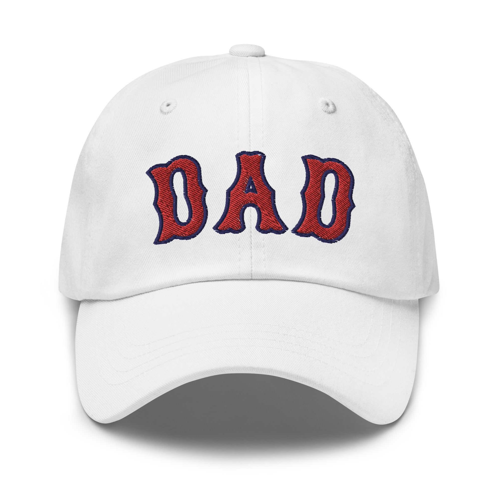 White dad hat with "DAD" embroidered in red and navy blue letters on the front, perfect for Boston baseball dads.