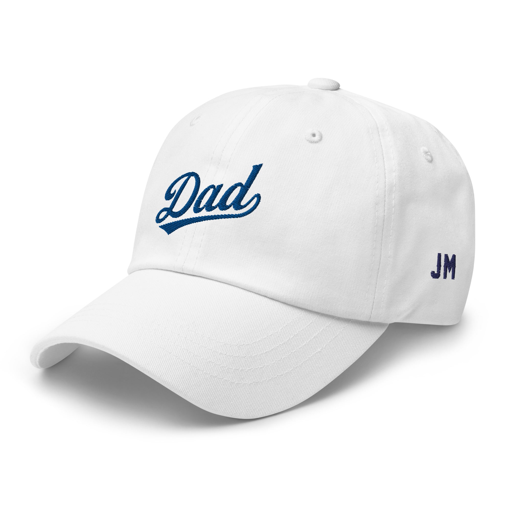 White dad hat with blue "Dad" embroidery on front and "JM" initials on side, featuring a curved brim and adjustable strap.