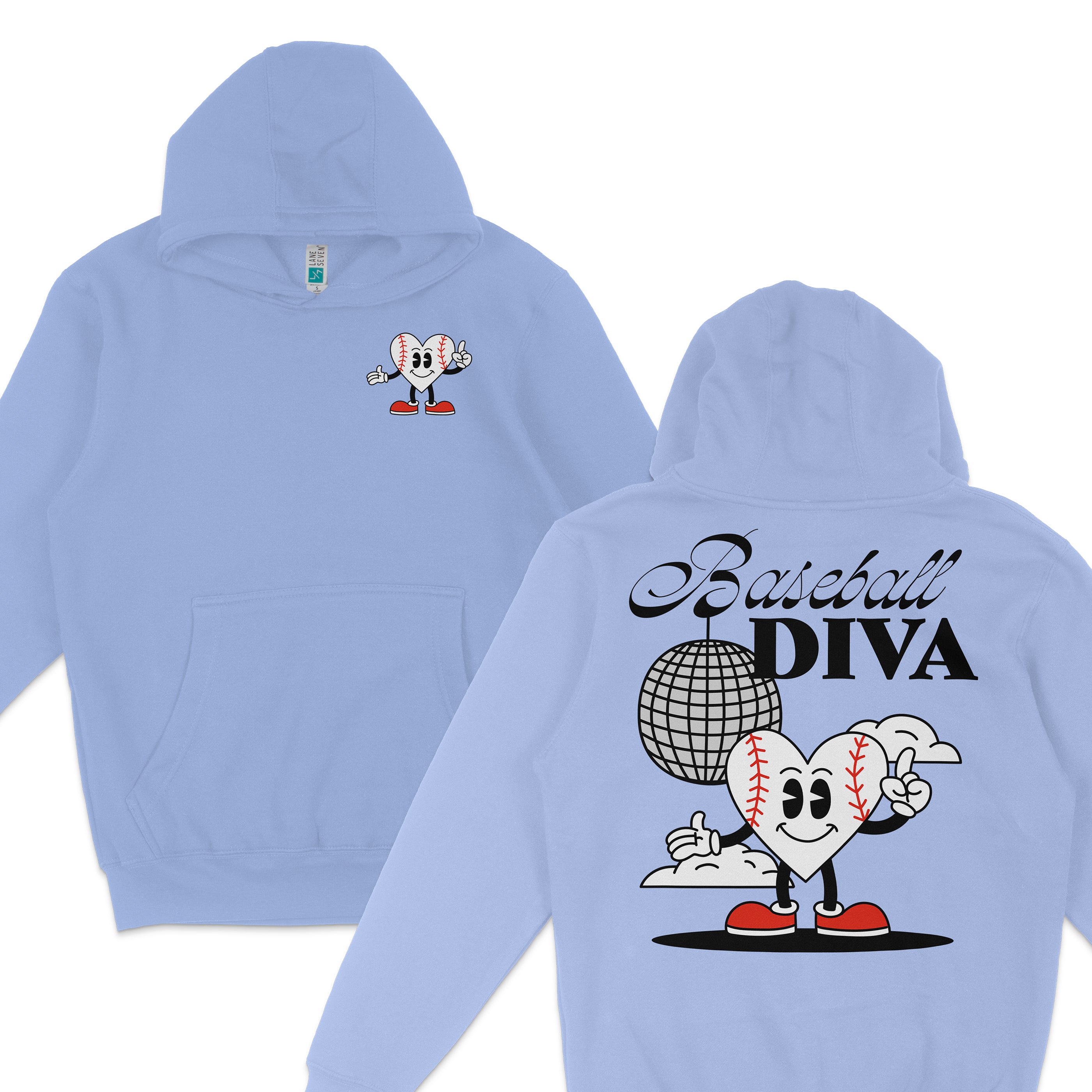 Light blue hoodie featuring a cartoon heart with baseball stitches, smiling, holding a peace sign, with "Baseball Diva" text and a disco ball.
