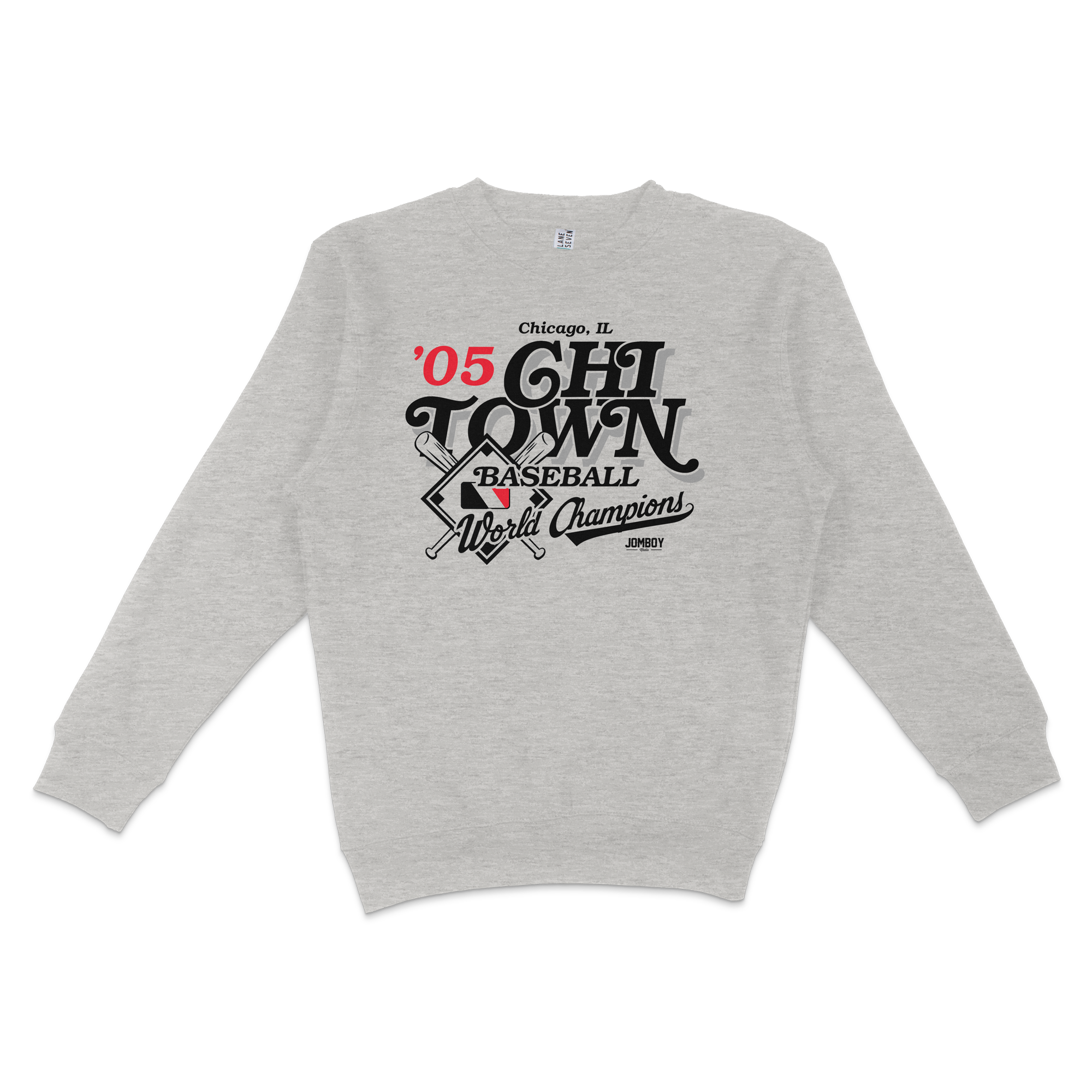 Gray crewneck sweatshirt featuring vintage Chicago baseball team design, "05 City Town" text, and "World Champions" lettering.