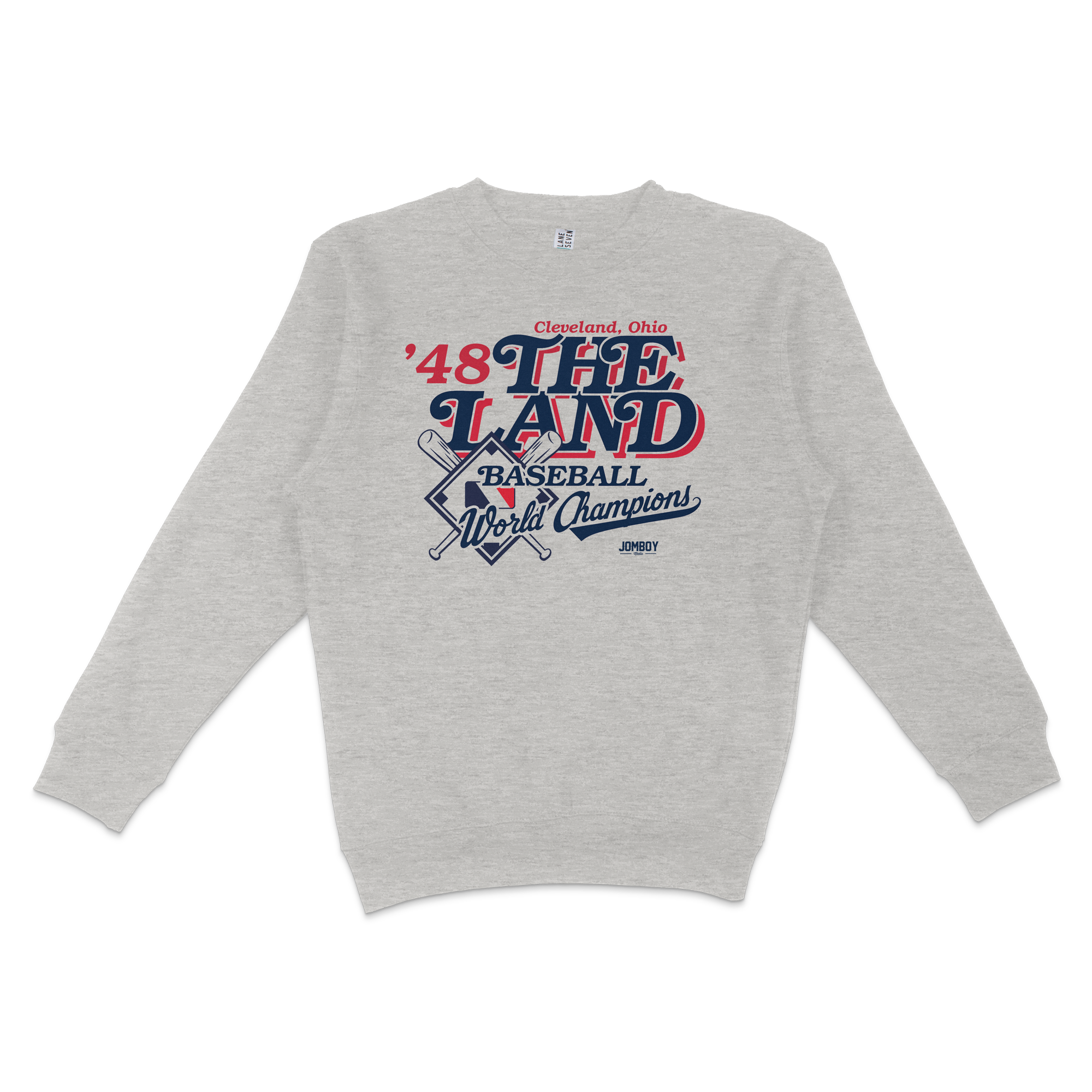 Gray crewneck sweatshirt featuring vintage Cleveland, Ohio baseball team design with text, baseball graphics, and "World Champions" lettering.