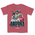 Pink Comfort Colors T-shirt featuring a graphic of Arizona baseball players with signatures and "ARIZONA" text.