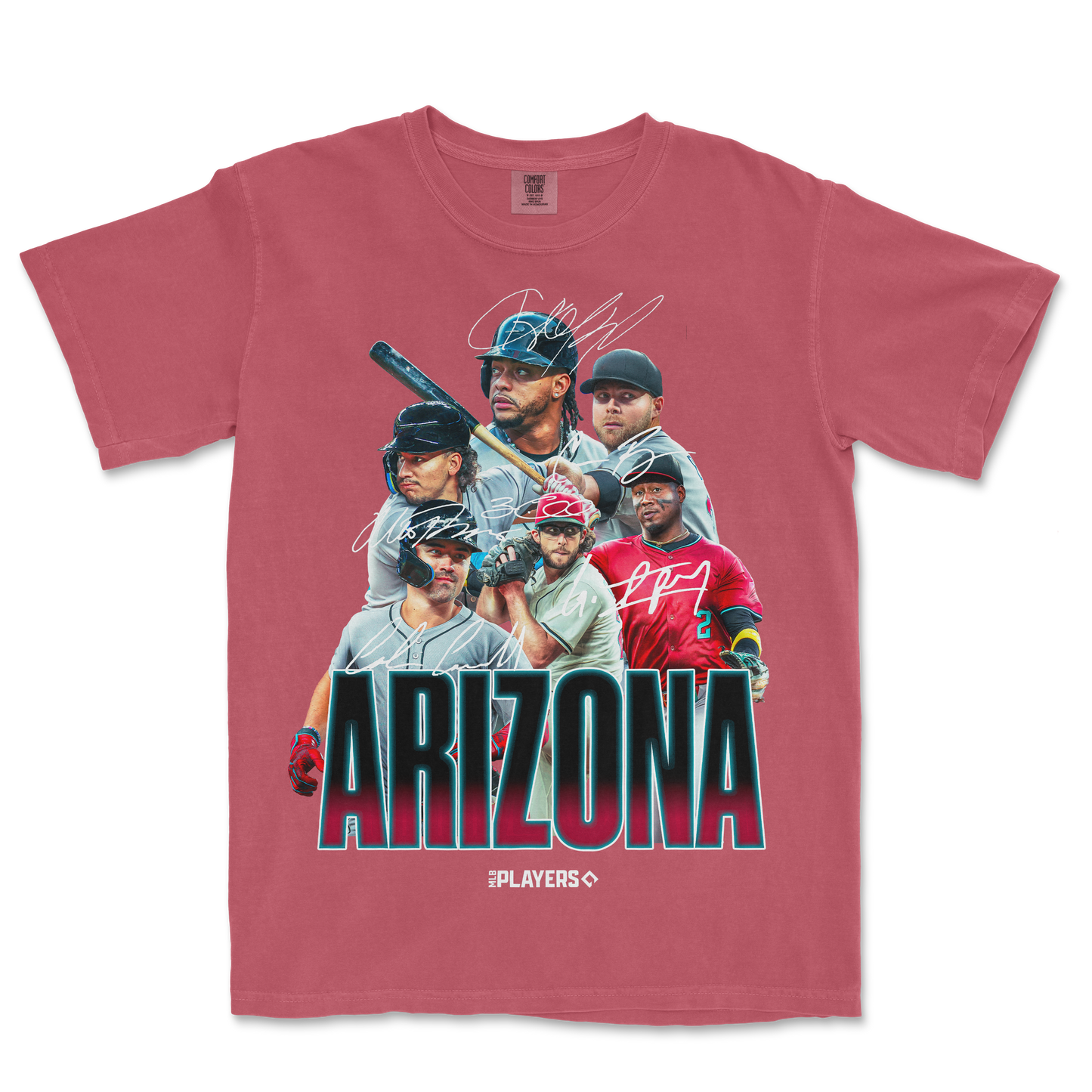 Pink Comfort Colors T-shirt featuring a graphic of Arizona baseball players with signatures and "ARIZONA" text.