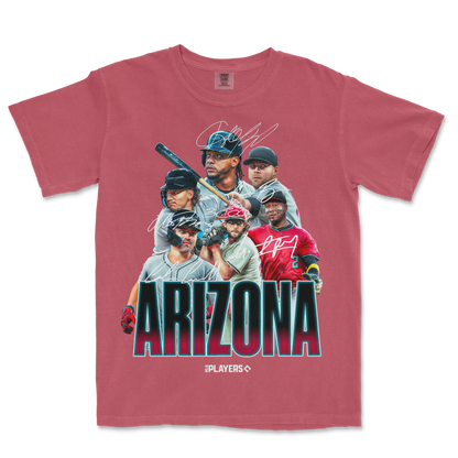 Pink Comfort Colors T-shirt featuring a graphic of Arizona baseball players with signatures and "ARIZONA" text.