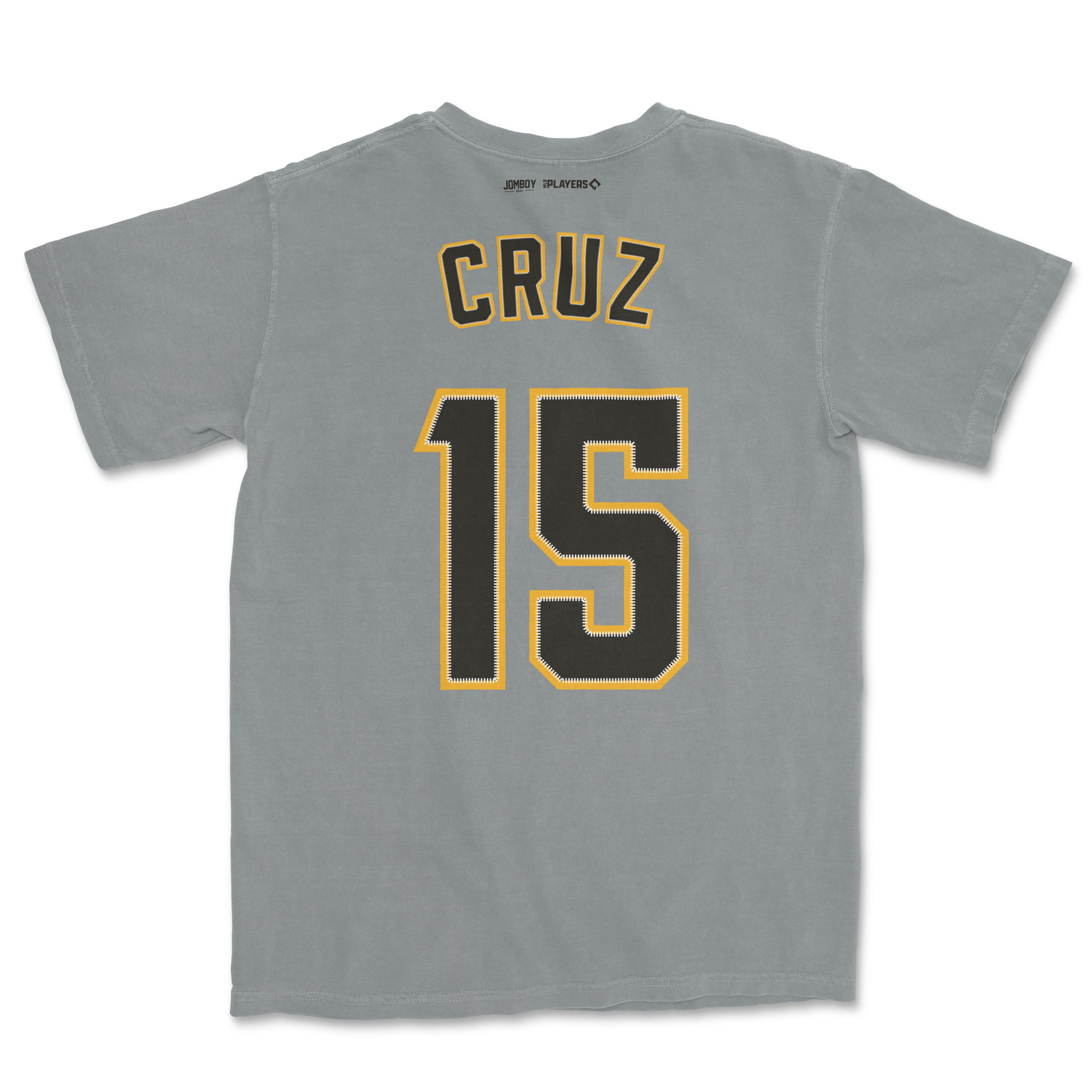 Gray sports shirsey featuring "CRUZ" and the number "15" in black with yellow outline on the back.