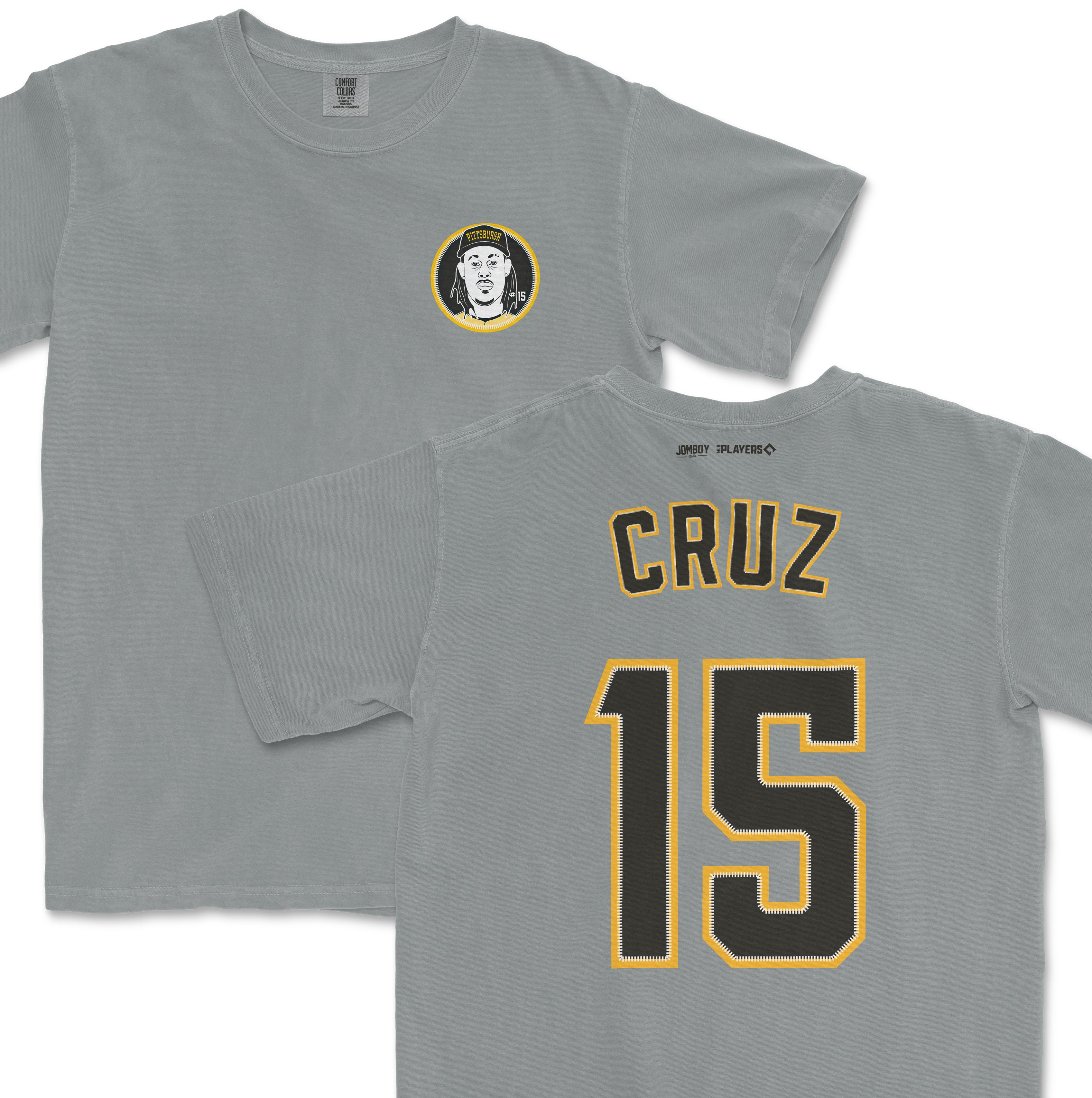 Gray O'Neil Cruz shirsey with his name "CRUZ" and number "15" on the back, and a Pittsburgh Pirates logo on the front.