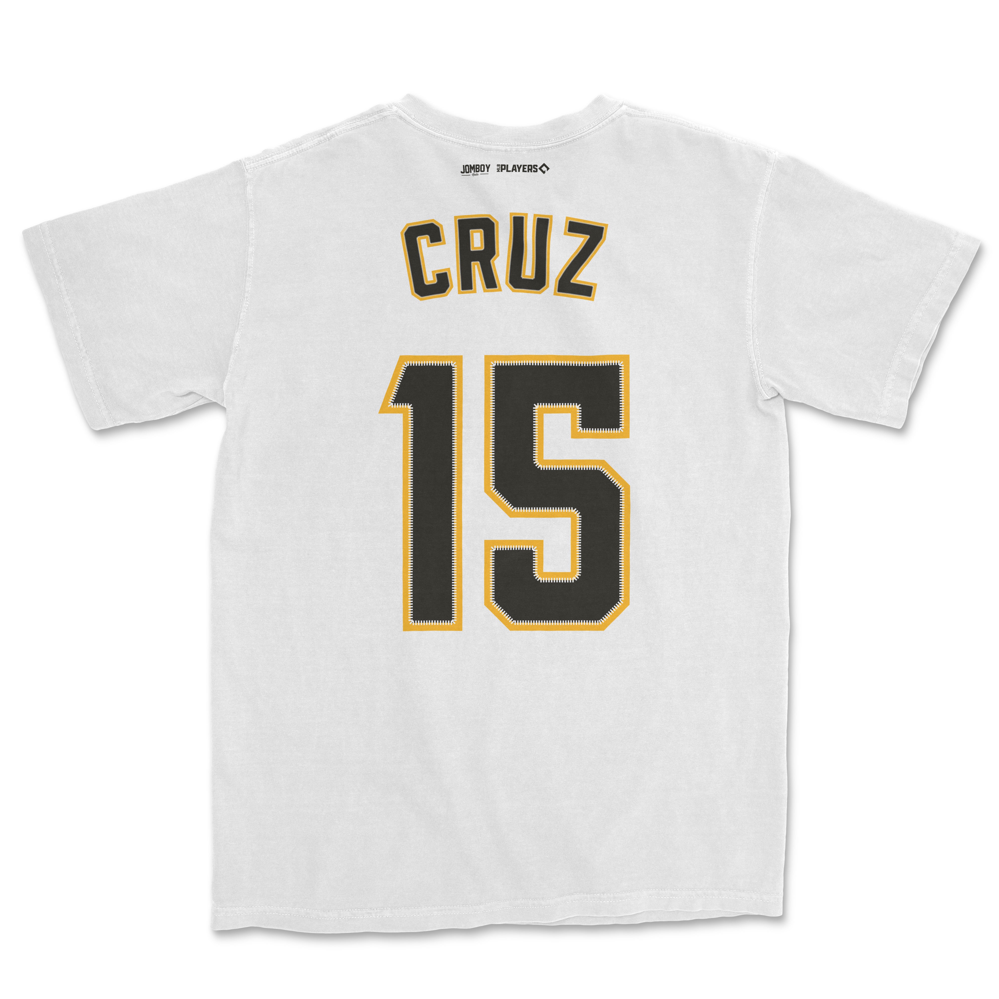 White baseball shirsey featuring "CRUZ" and the number "15" in black with gold outline on the back.