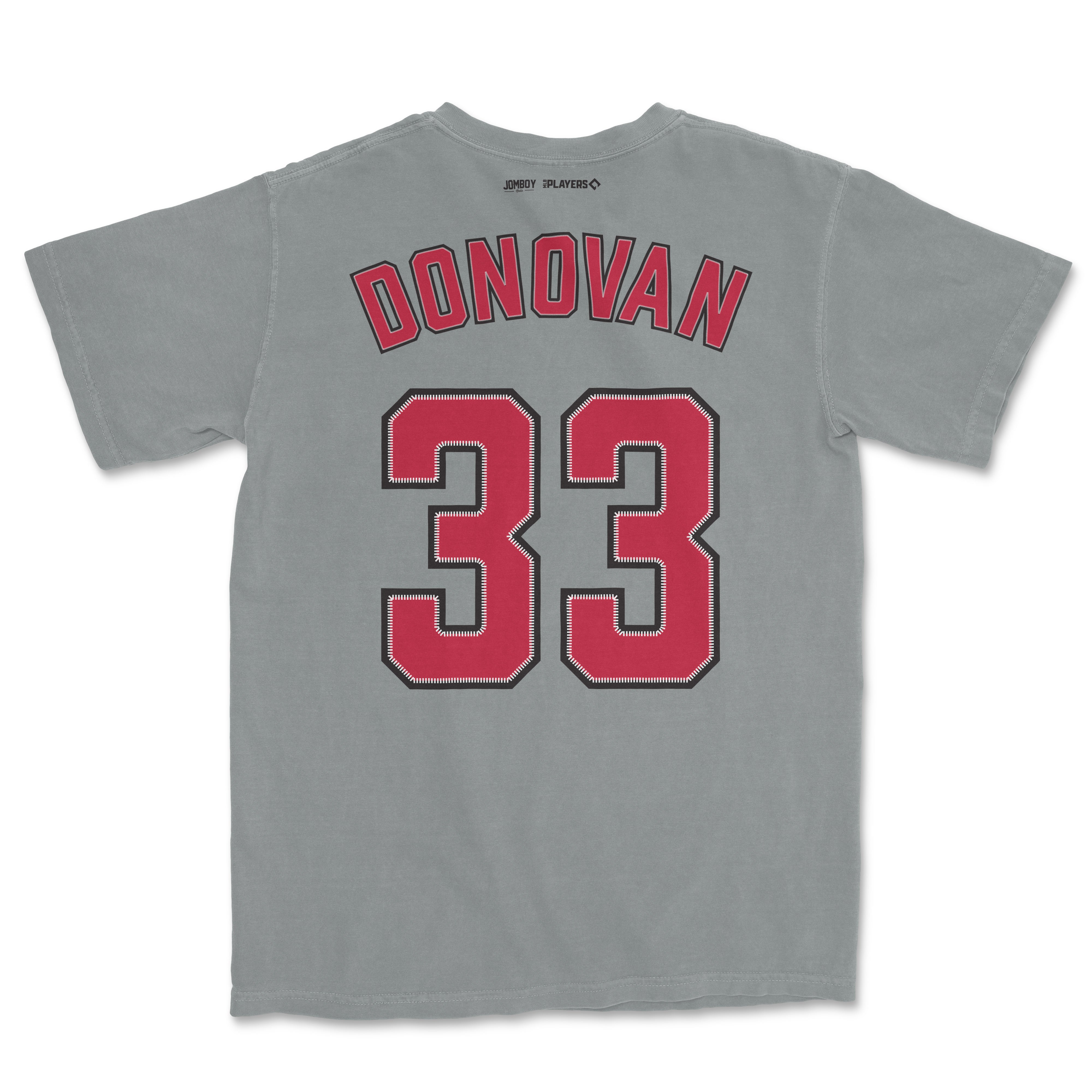 Back of a Comfort Colors tee featuring "Donovan 33" in red and black lettering, with small brand logos at the top.