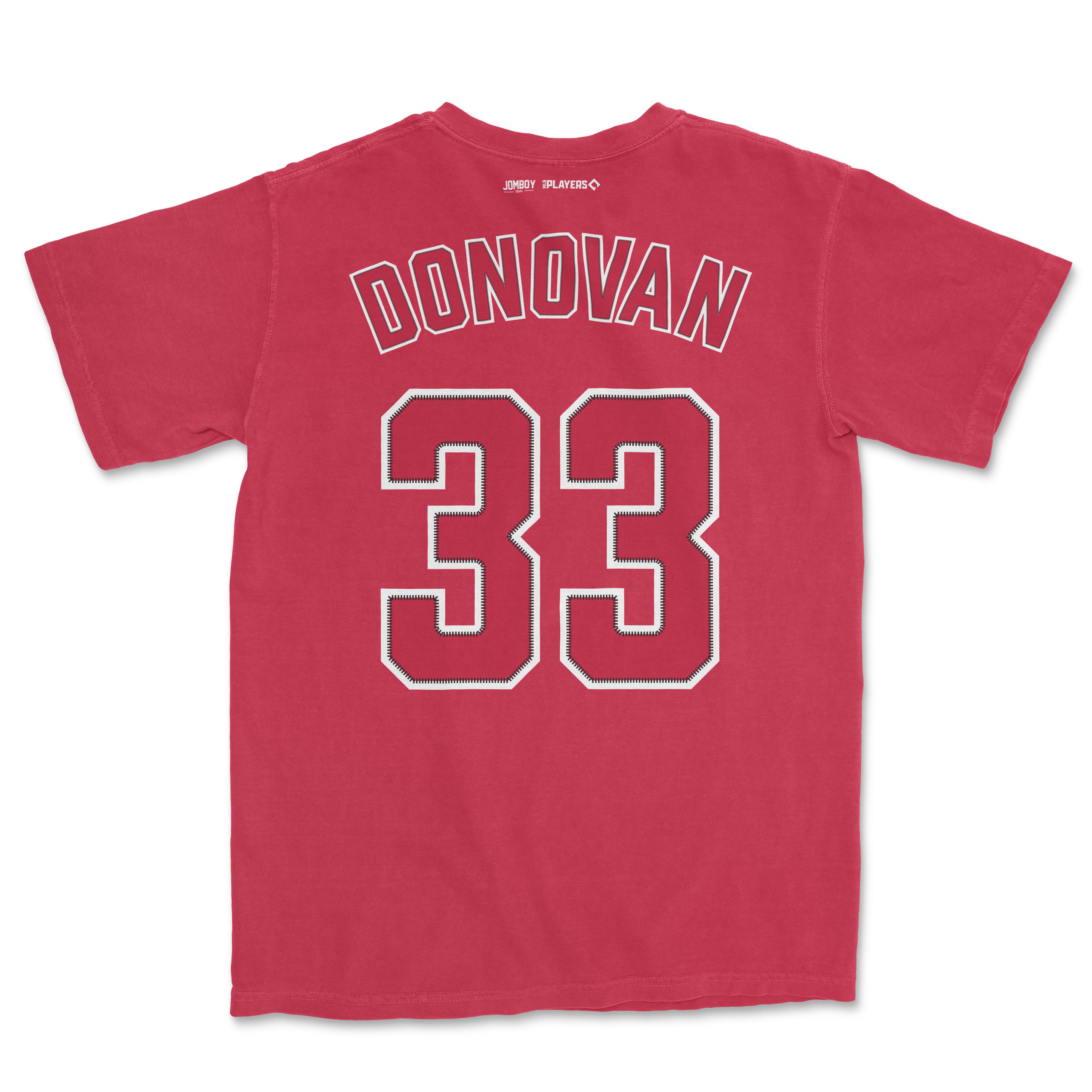 Red Comfort Colors T-shirt featuring "Donovan" and the number 33 in bold, outlined sports-style lettering on the back.