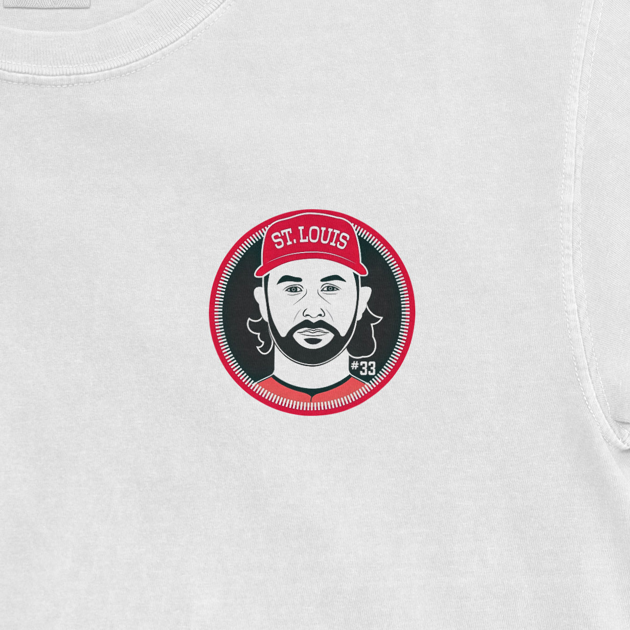 Close-up of a white Comfort Colors tee featuring a Brendan Donovan St. Louis baseball graphic with a red cap, black background, and white details.