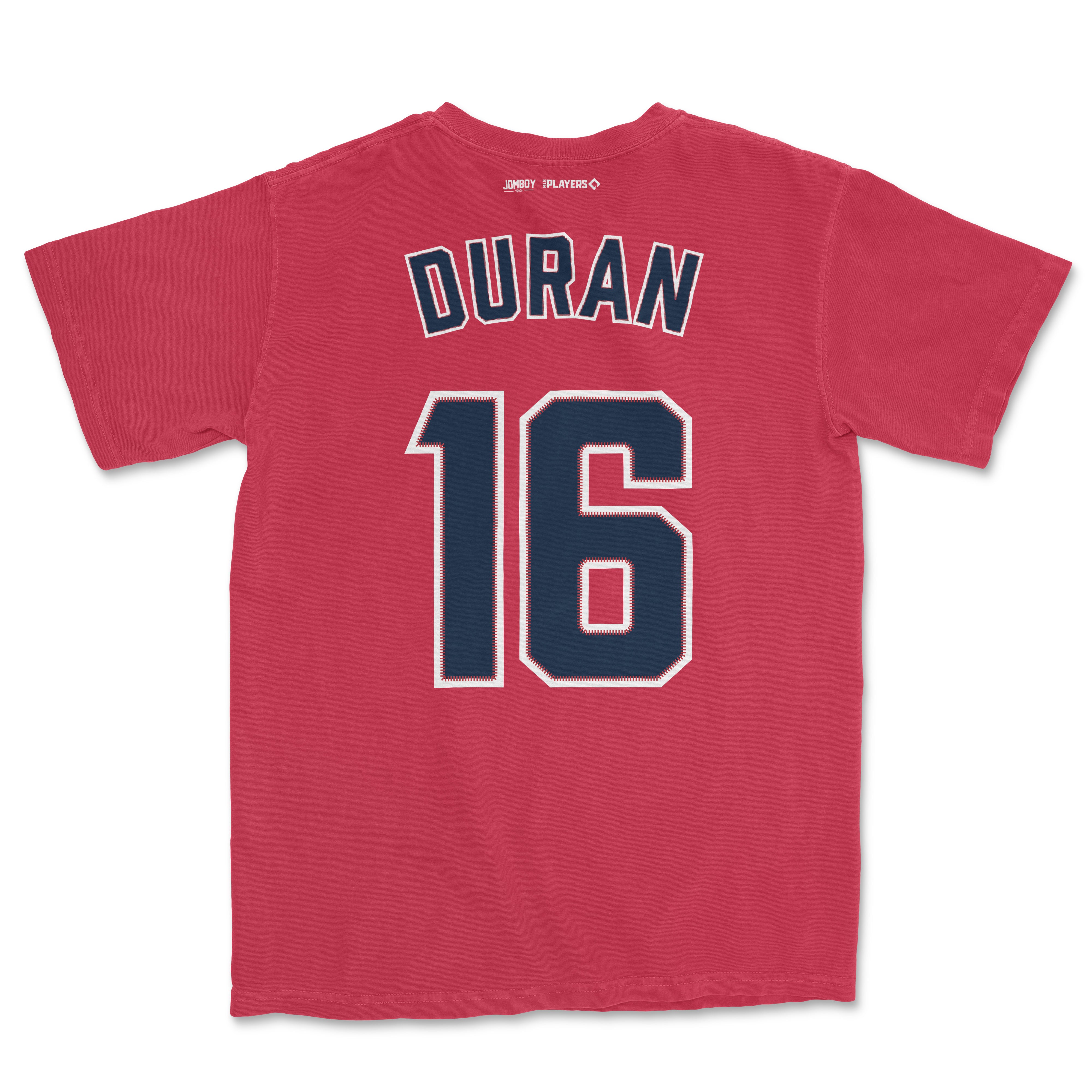 Back of a red Comfort Colors tee featuring "DURAN" and the number "16" in navy blue with white and red accents.