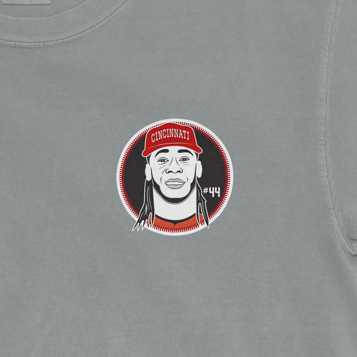 Comfort Colors tee featuring a graphic of Elly De La Cruz wearing a Cincinnati cap, with "#44" on a gray background.