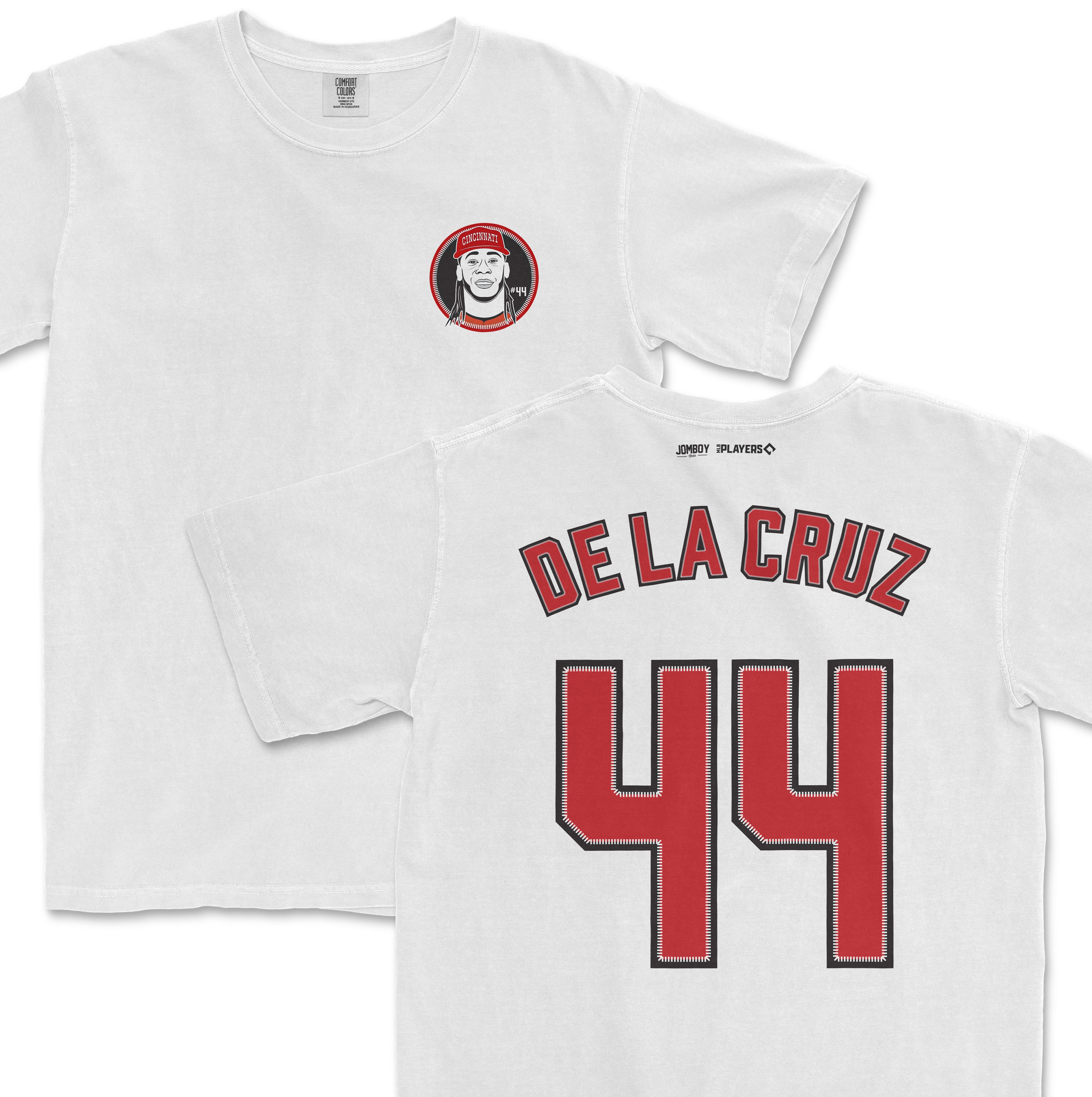 White Comfort Colors T-shirt featuring Elly De La Cruz's name, number 44, and Cincinnati team logo on front and back.
