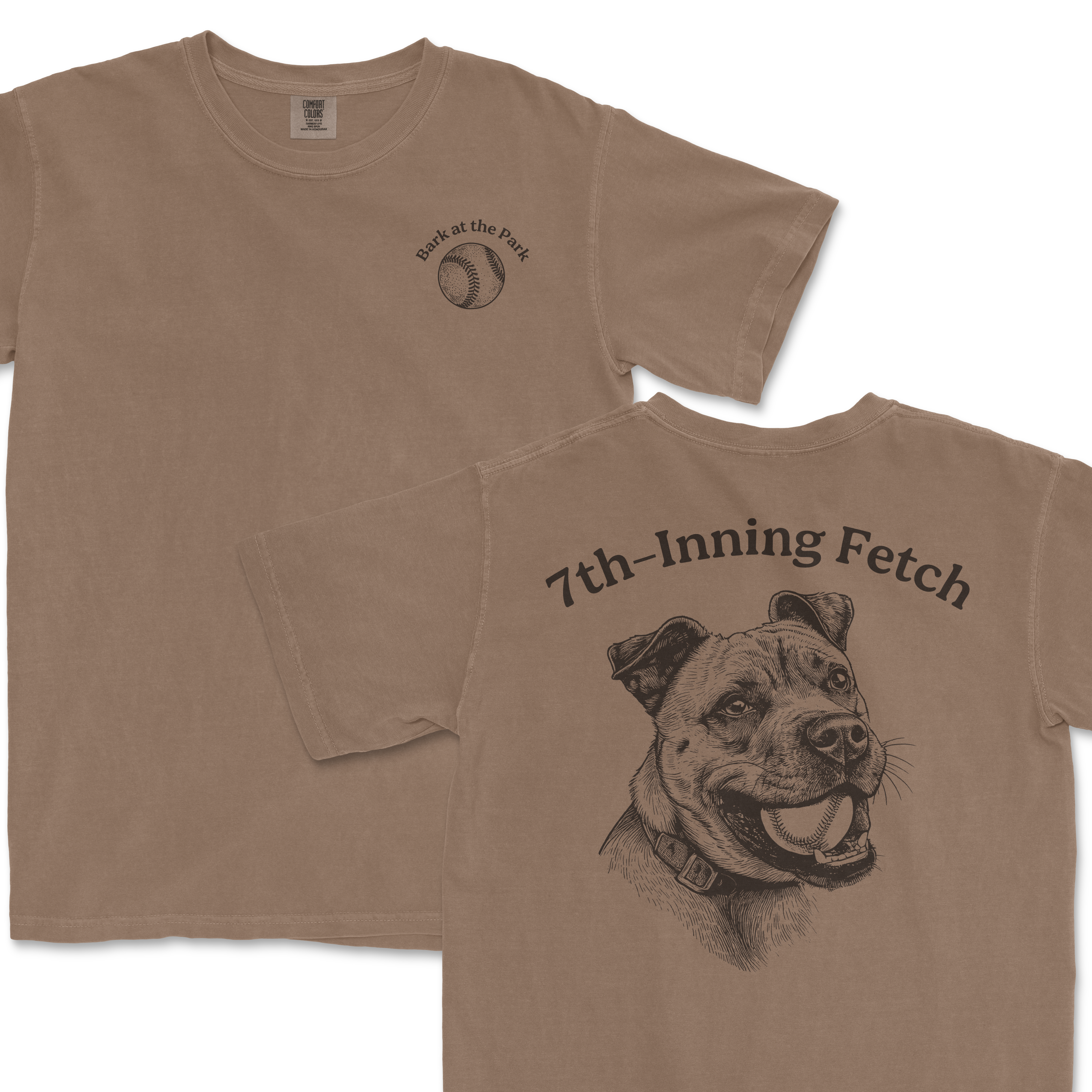 Beige Comfort Colors T-shirt featuring a front small baseball graphic and "Bark at the Park" text; back illustration of a happy pitbull with "7th-Inning Fetch" text.