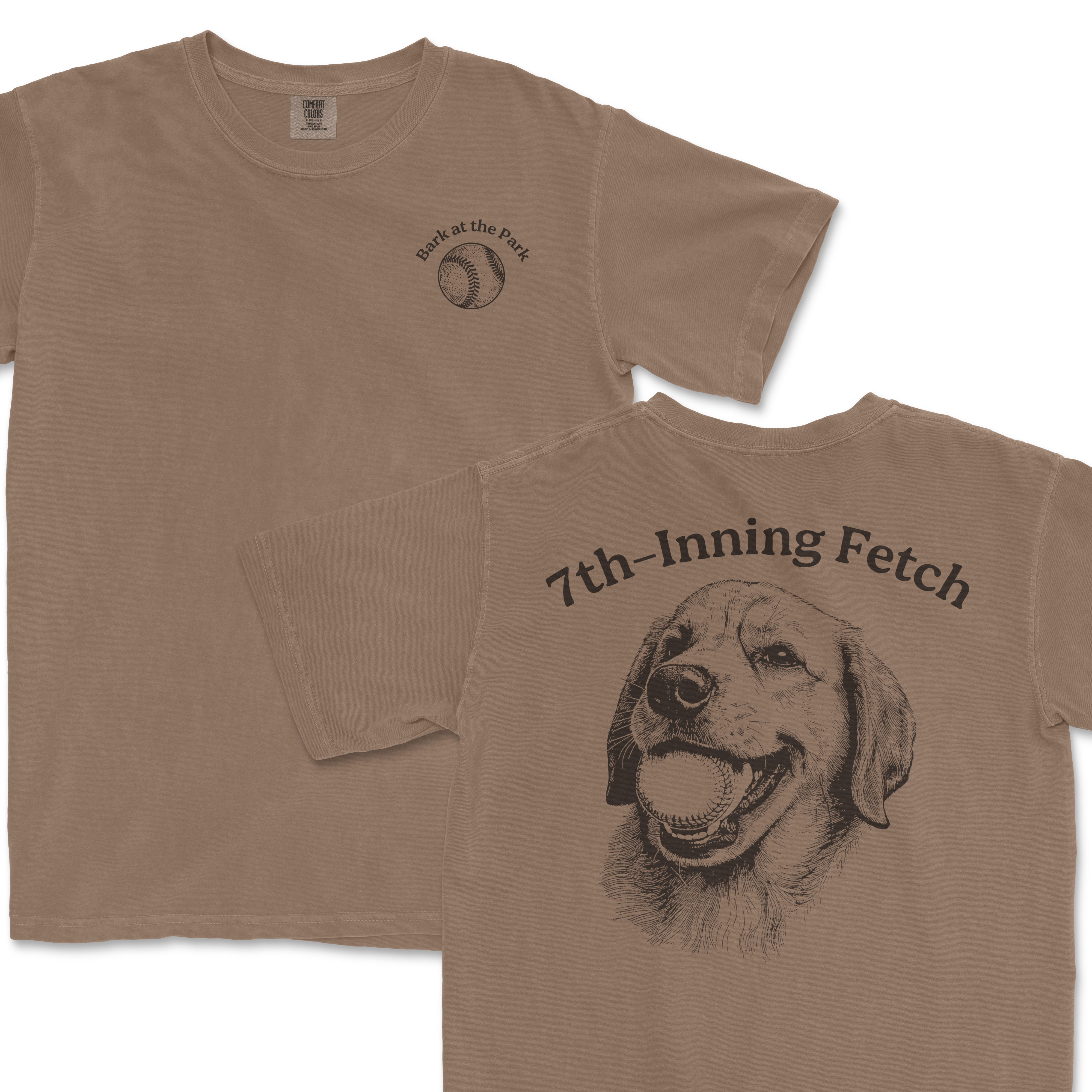 Beige Comfort Colors T-shirt featuring a golden retriever illustration and "7th-Inning Fetch" text on front and back.