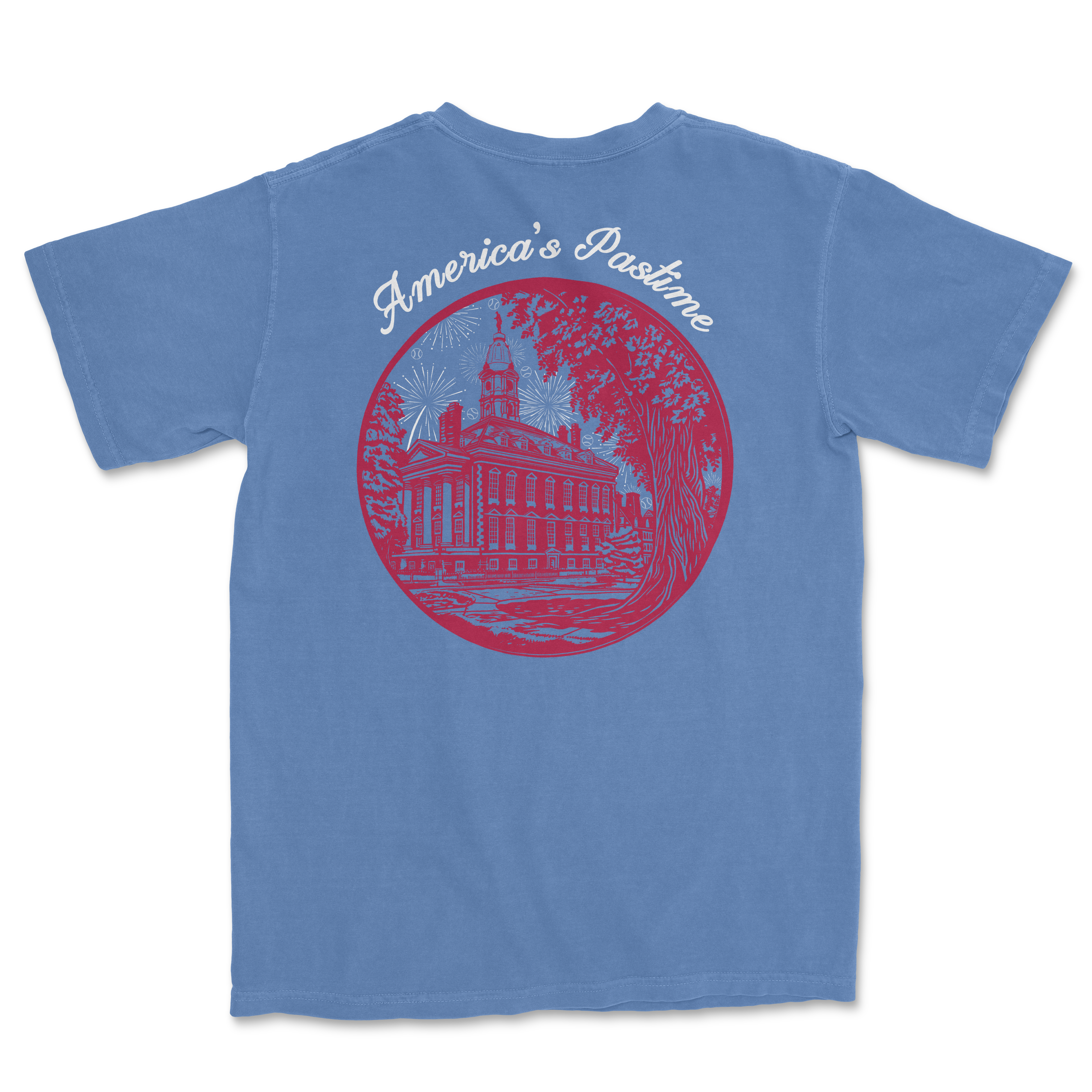 Blue t-shirt featuring a vintage-style graphic of a historic building with the text "America's Pastime" above it.