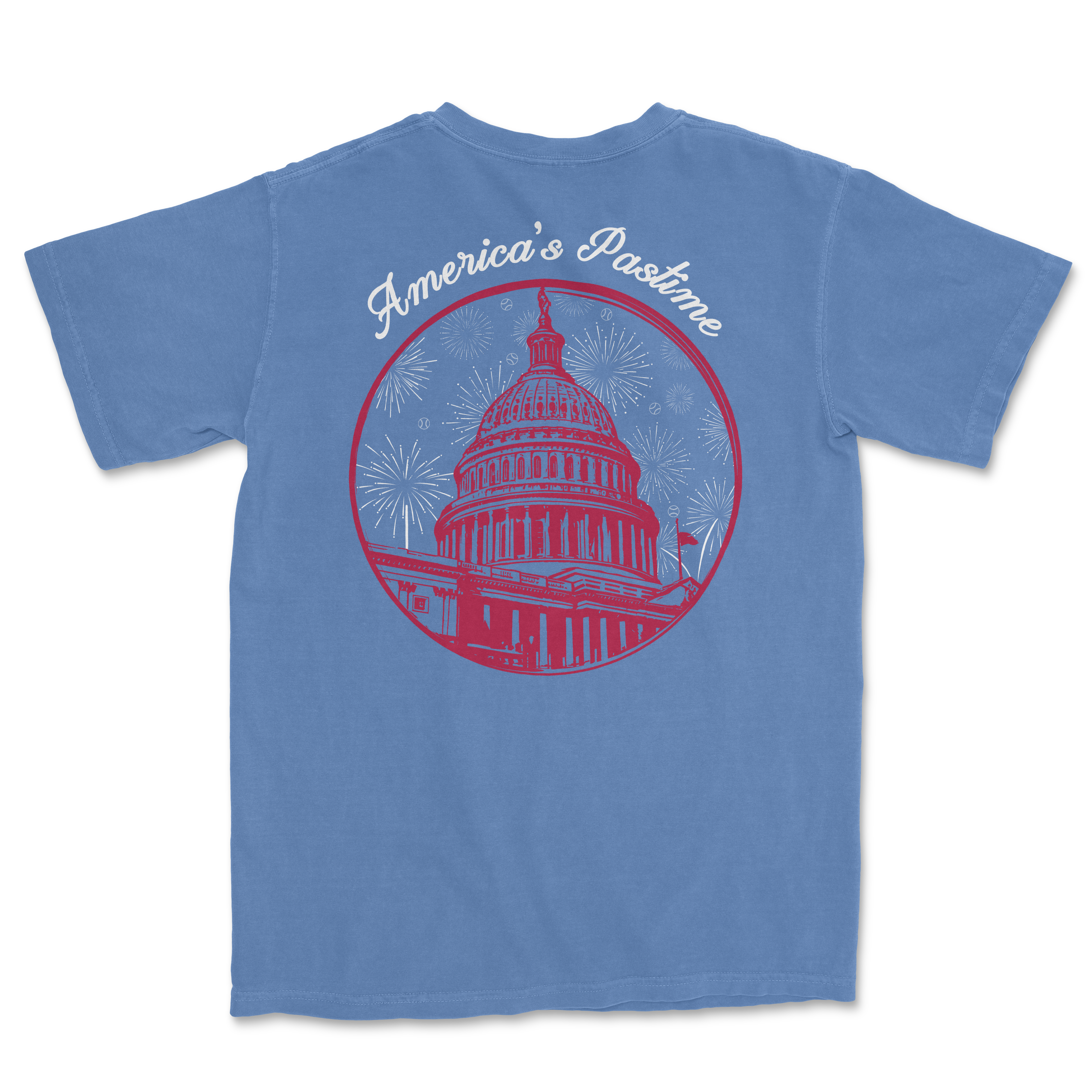 Blue t-shirt featuring a graphic of the U.S. Capitol with "America's Pastime" text and fireworks design.