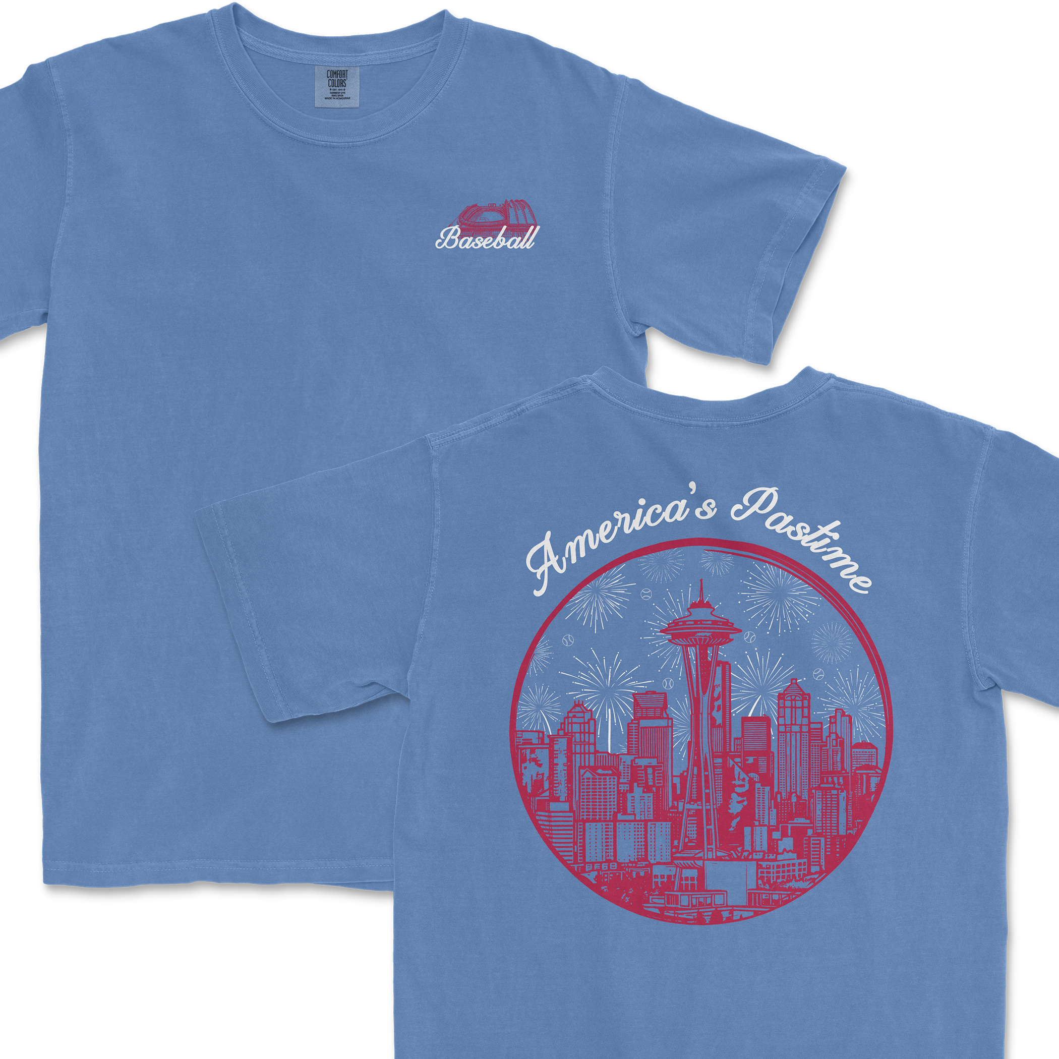 Blue t-shirt featuring Seattle skyline and "America's Pastime" text, celebrating baseball culture.