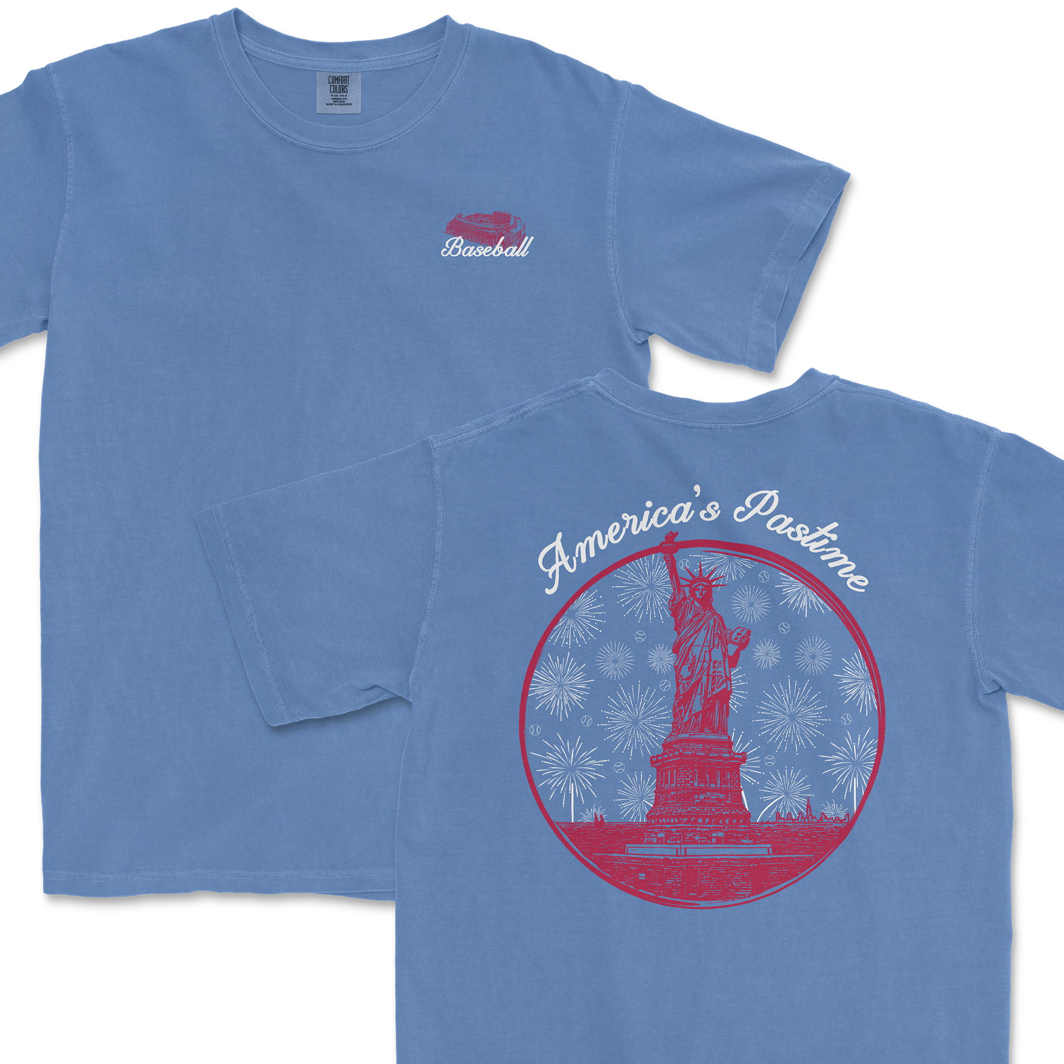 Blue t-shirt featuring a small "Baseball" logo on the front and a large graphic of the Statue of Liberty with "America's Pastime" on the back.
