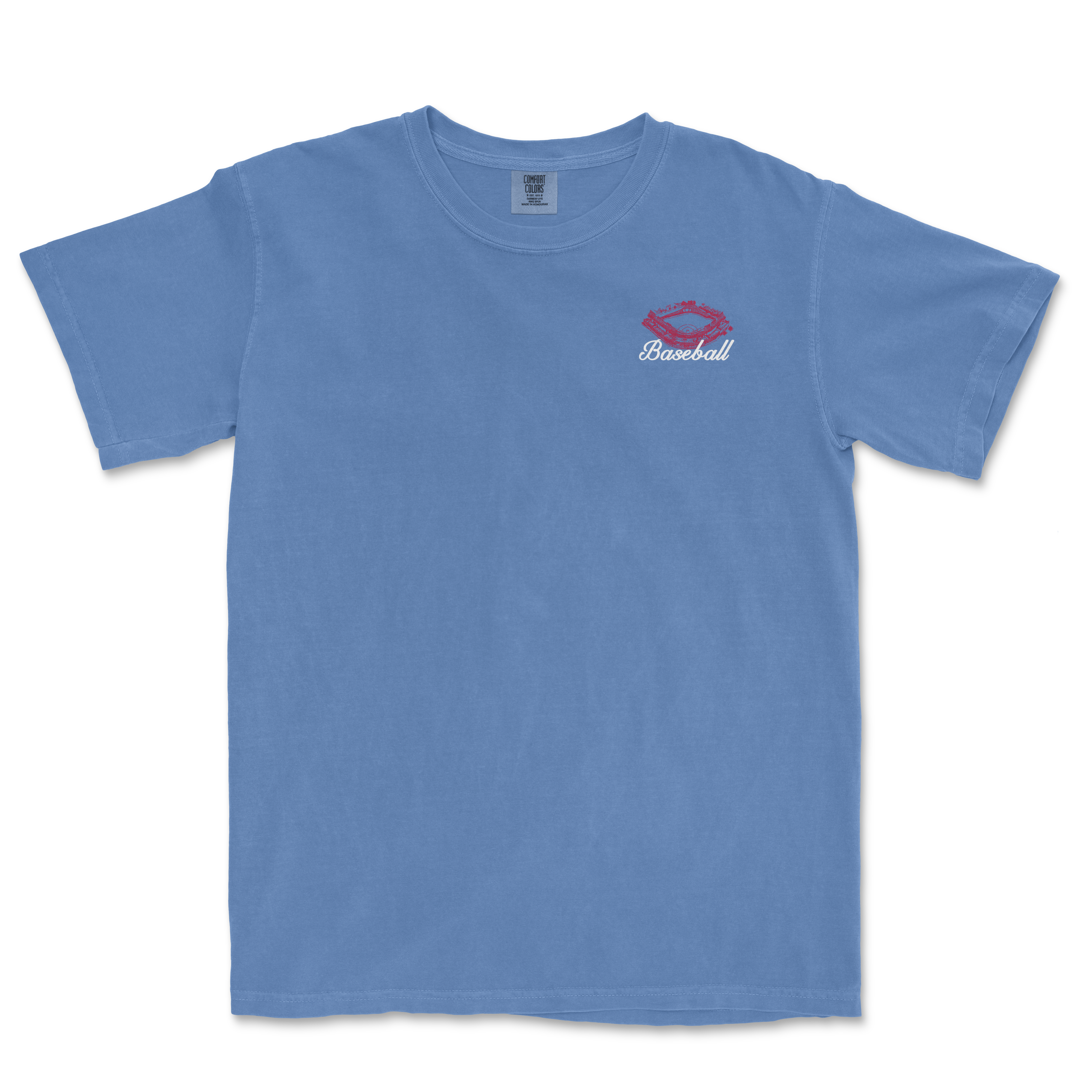 Light blue t-shirt featuring a red graphic of a baseball and the word "Baseball" on the front. Ideal for sports fans.