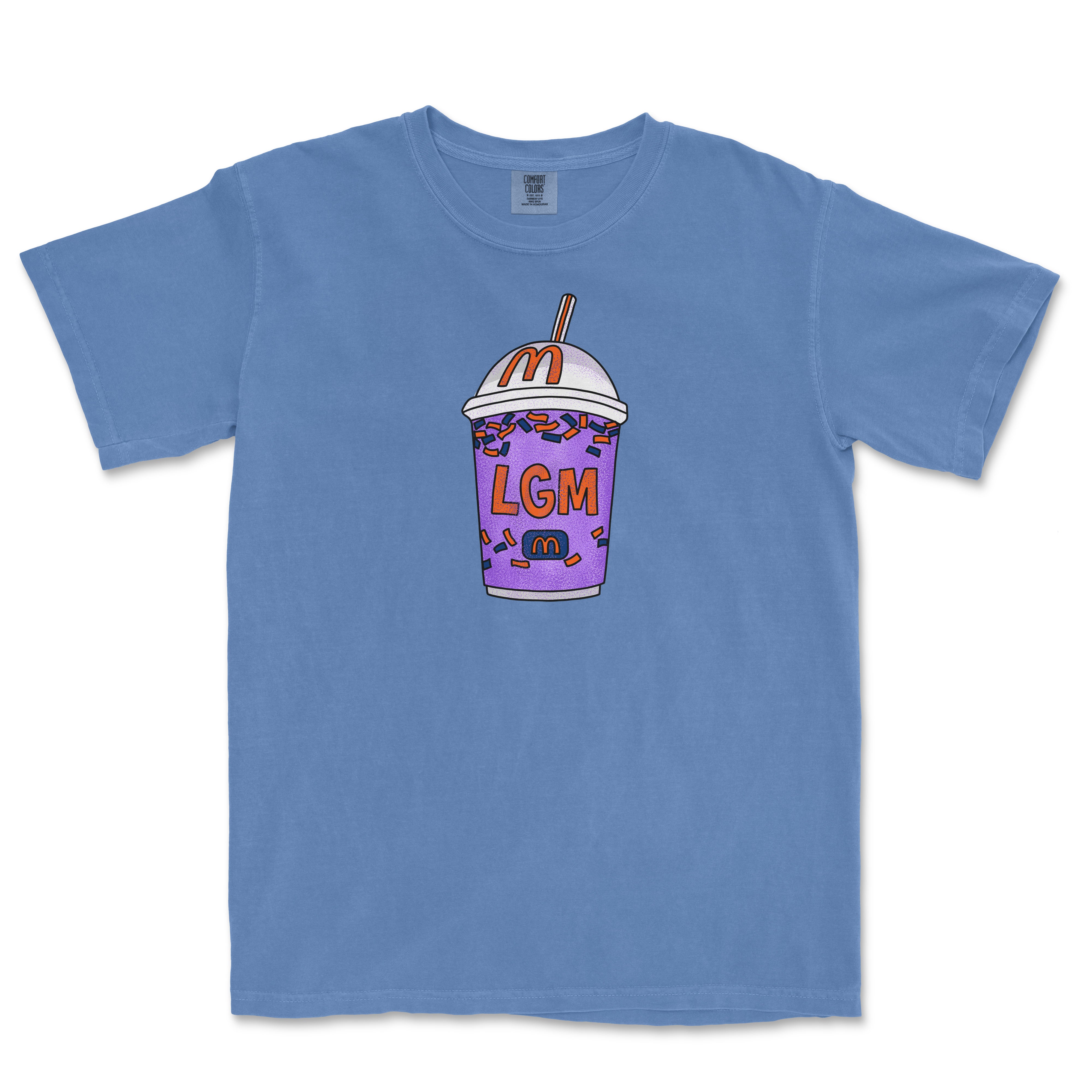 Blue T-shirt featuring a colorful, cartoon-style McDonald's milkshake cup with sprinkles, a straw, and "LGM" text.