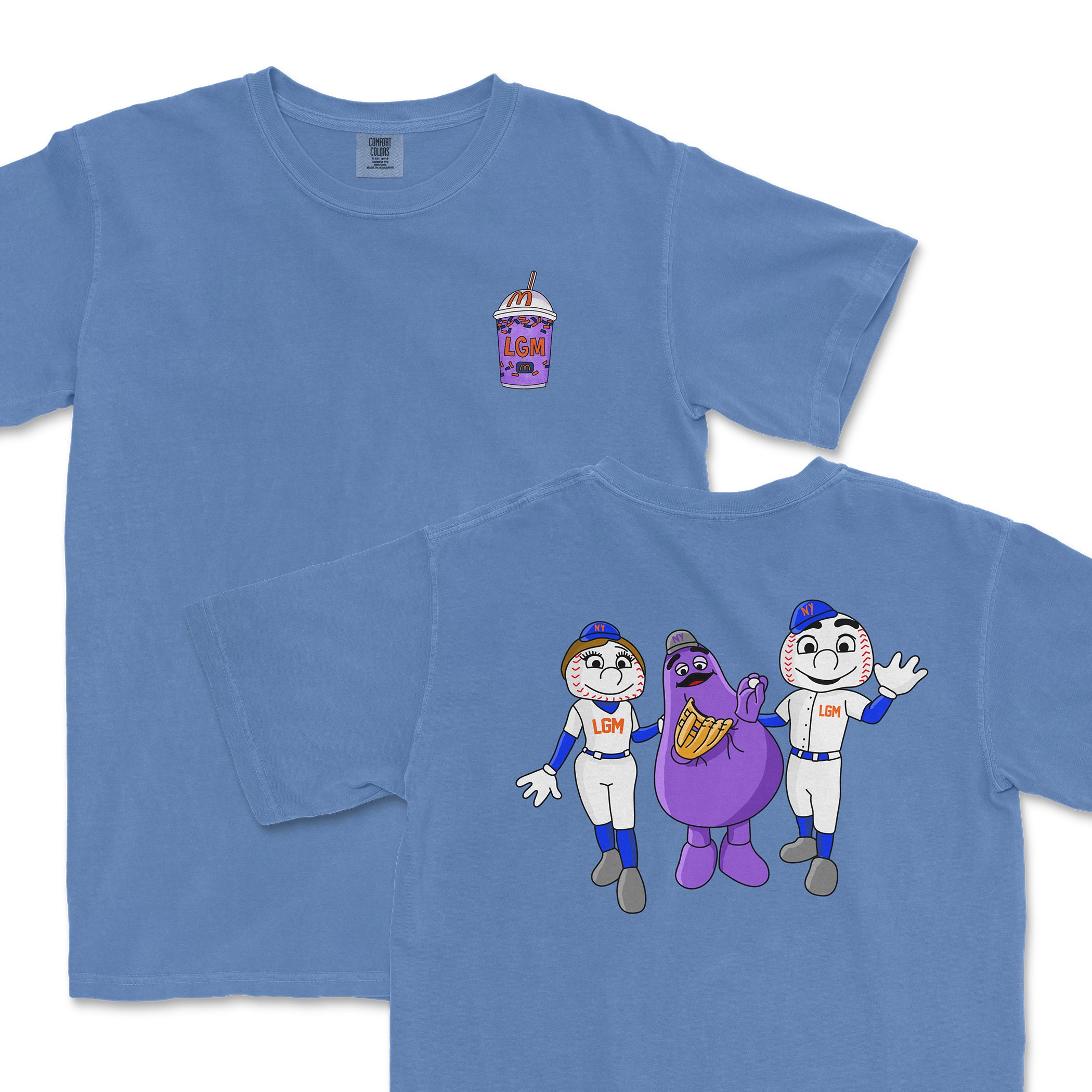 Light blue Comfort Colors T-shirt featuring cartoon baseball characters and a purple drink with "LGM" logo.