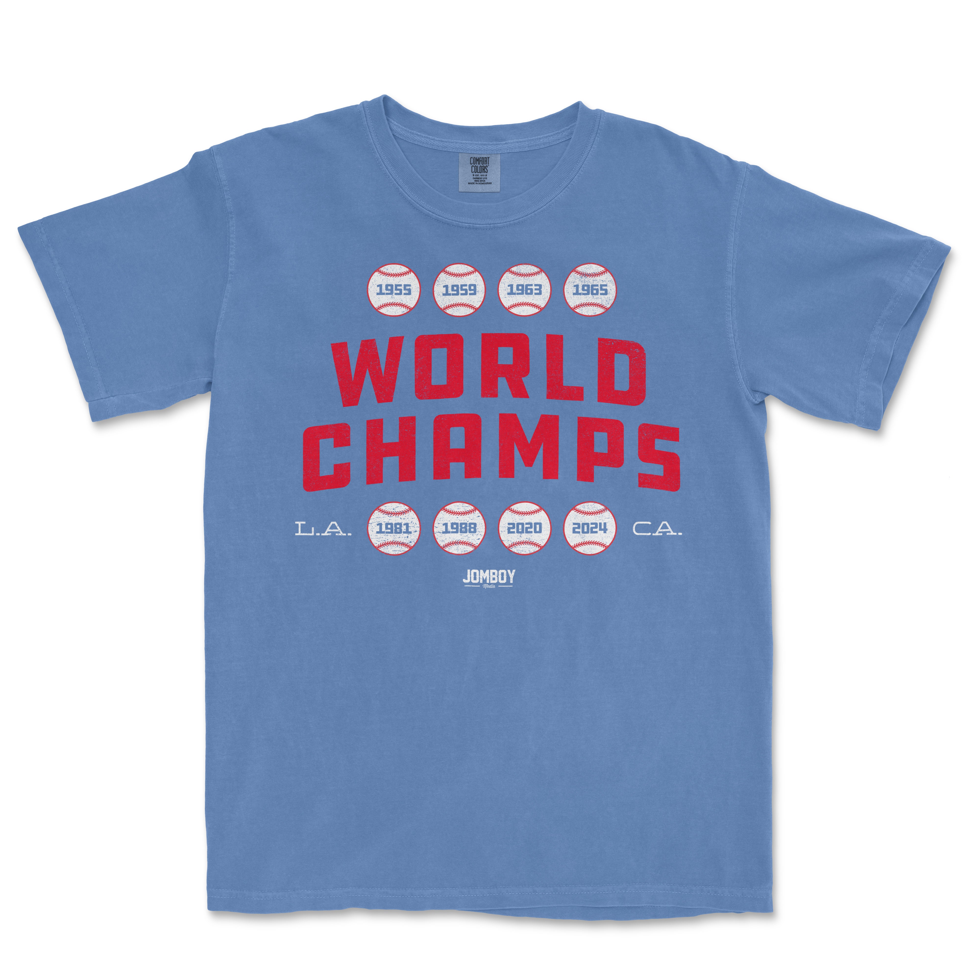 Blue vintage Comfort Colors® tee featuring "World Champs" text, baseball graphics, and championship years for LA and CA.