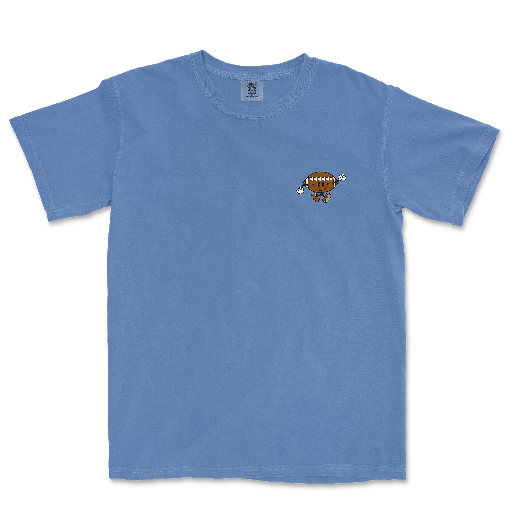 Comfort Colors blue t-shirt featuring a small cartoon football girl graphic with a smiling football character on the chest.