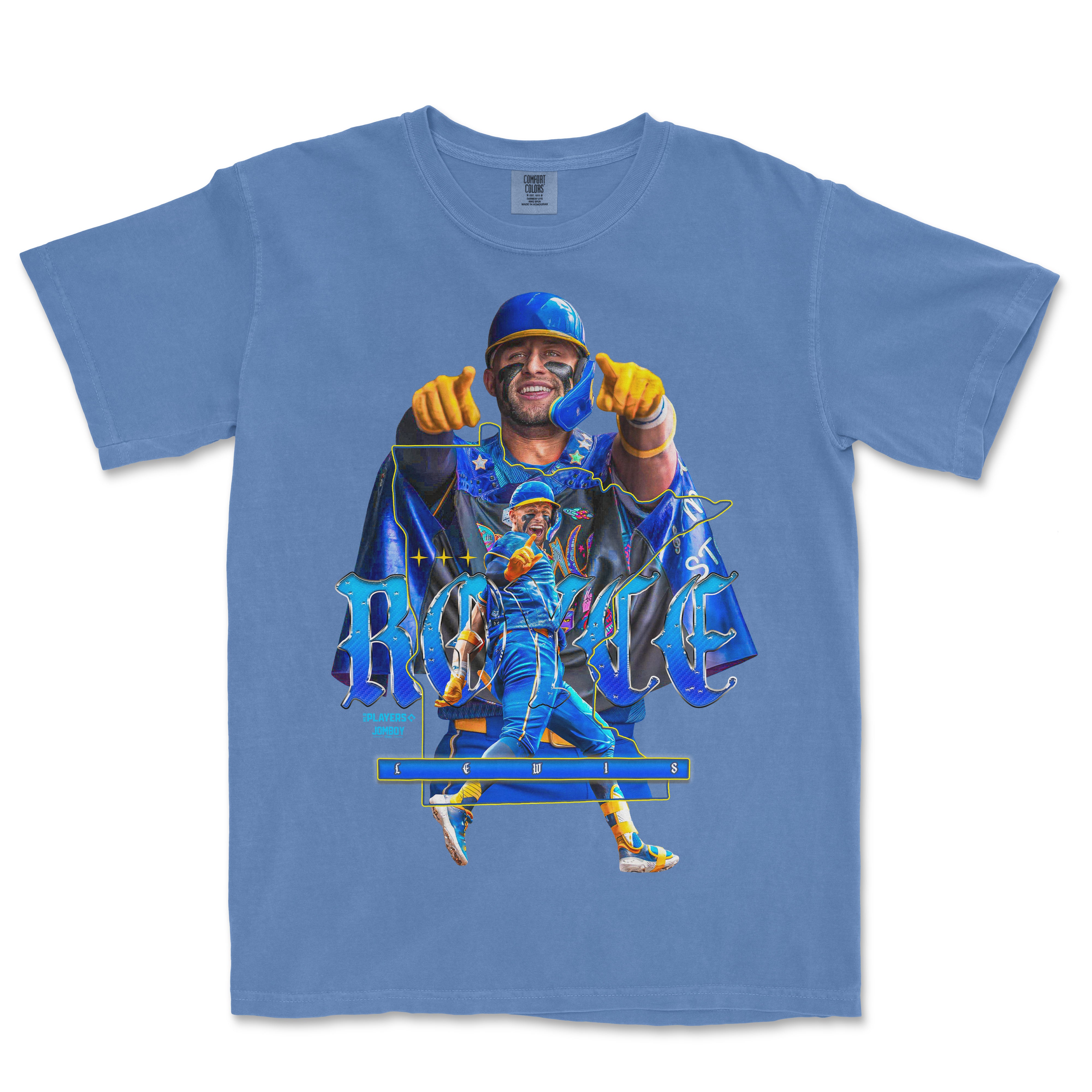 Blue T-shirt featuring a colorful graphic of Royce Lewis in a baseball uniform, with dynamic text and design elements.