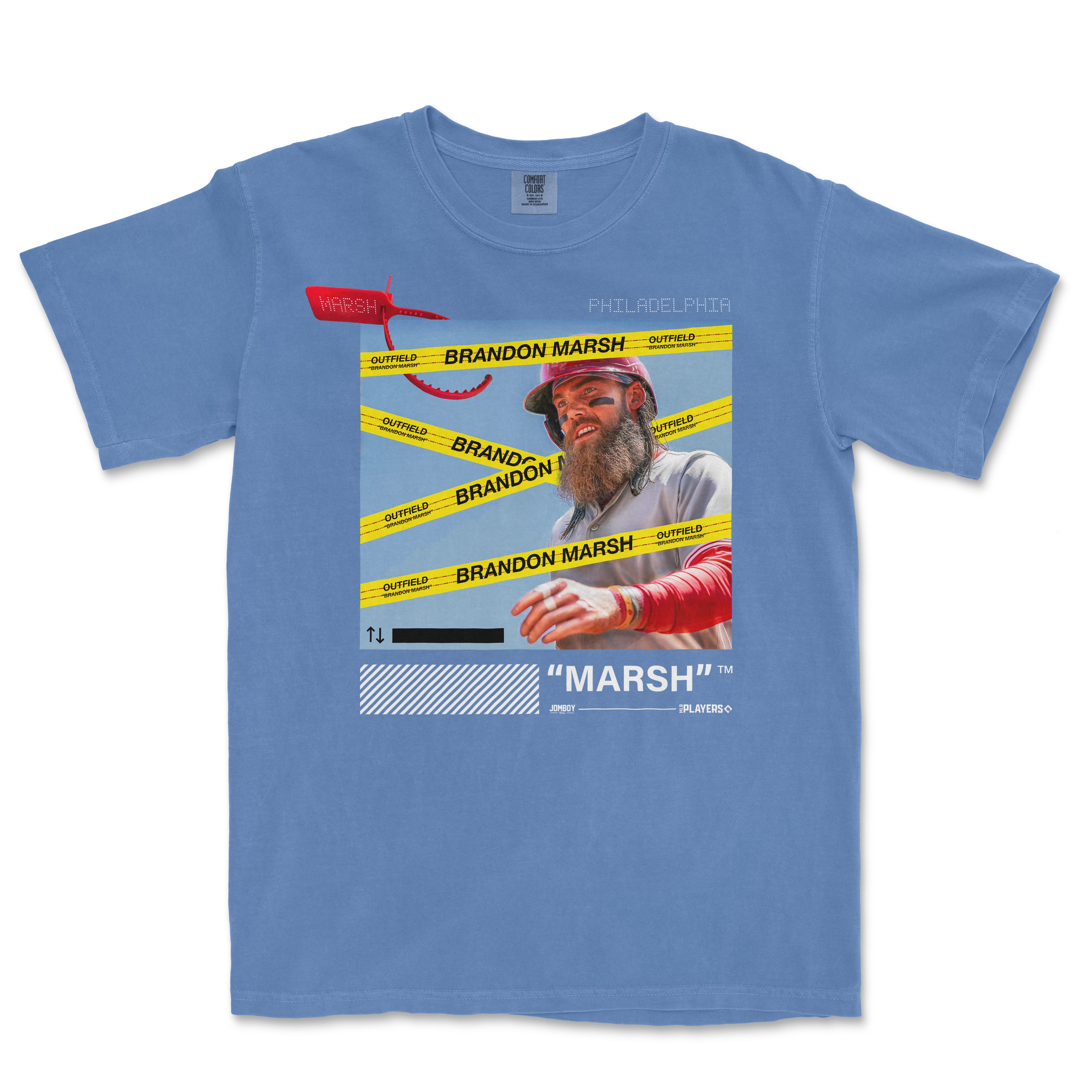 Blue Comfort Colors tee featuring a graphic of Brandon Marsh with yellow "Outfield" tape, red accents, and text elements.