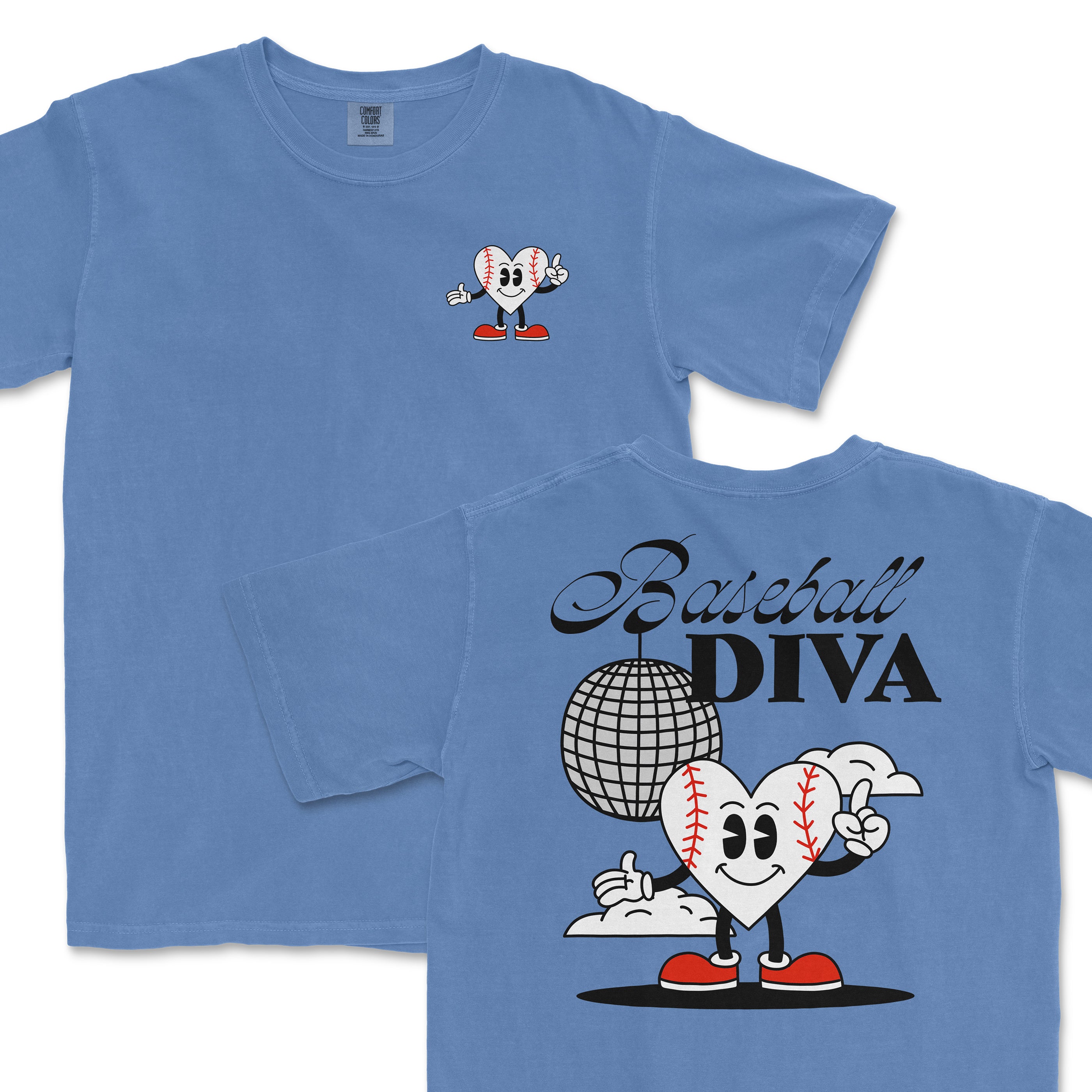 Blue Comfort Colors tee featuring a cartoon baseball character with a heart face, red shoes, and a "Baseball Diva" graphic on the back.