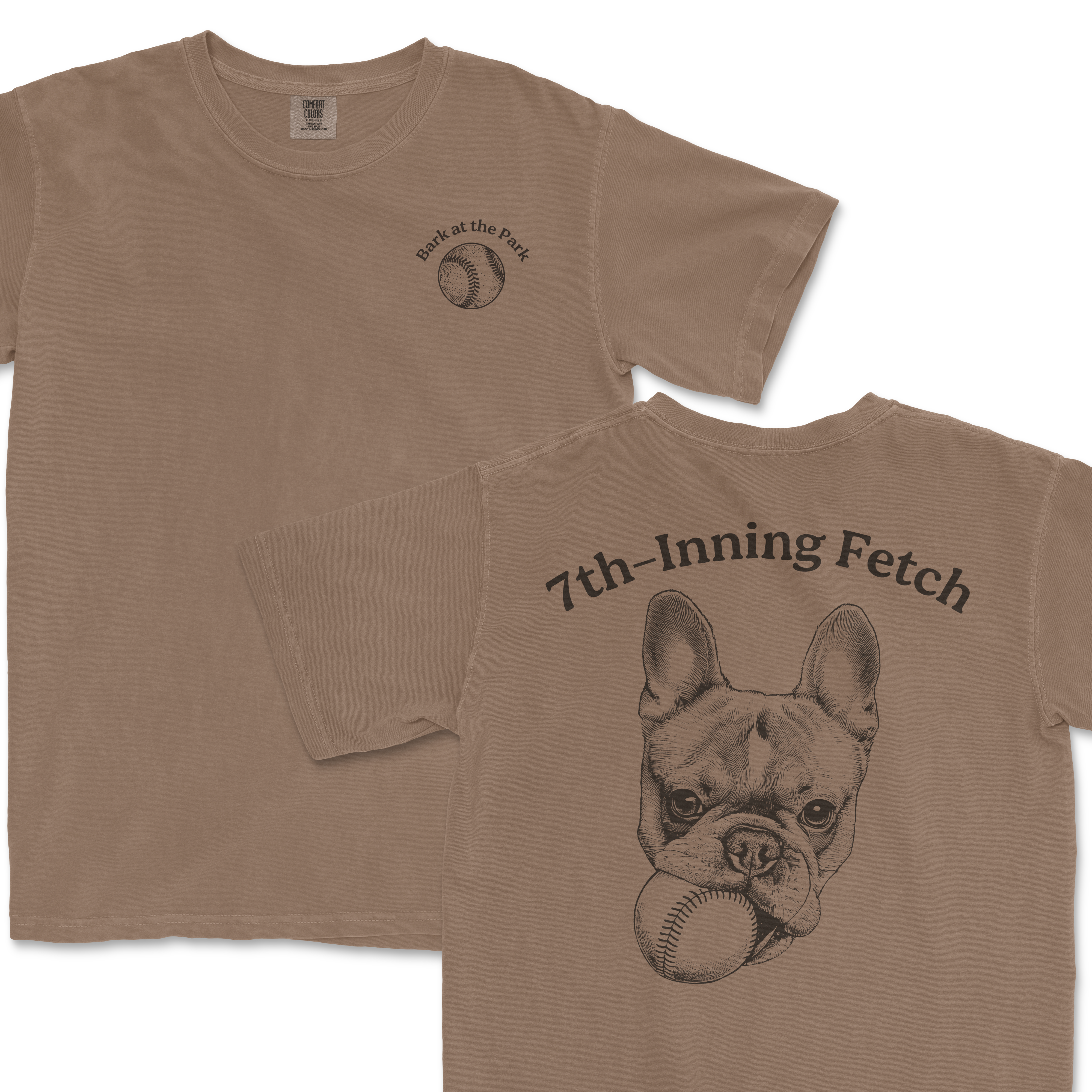 Beige Comfort Colors T-shirt featuring a French Bulldog with a baseball in its mouth and the text "7th-Inning Fetch" on the back.