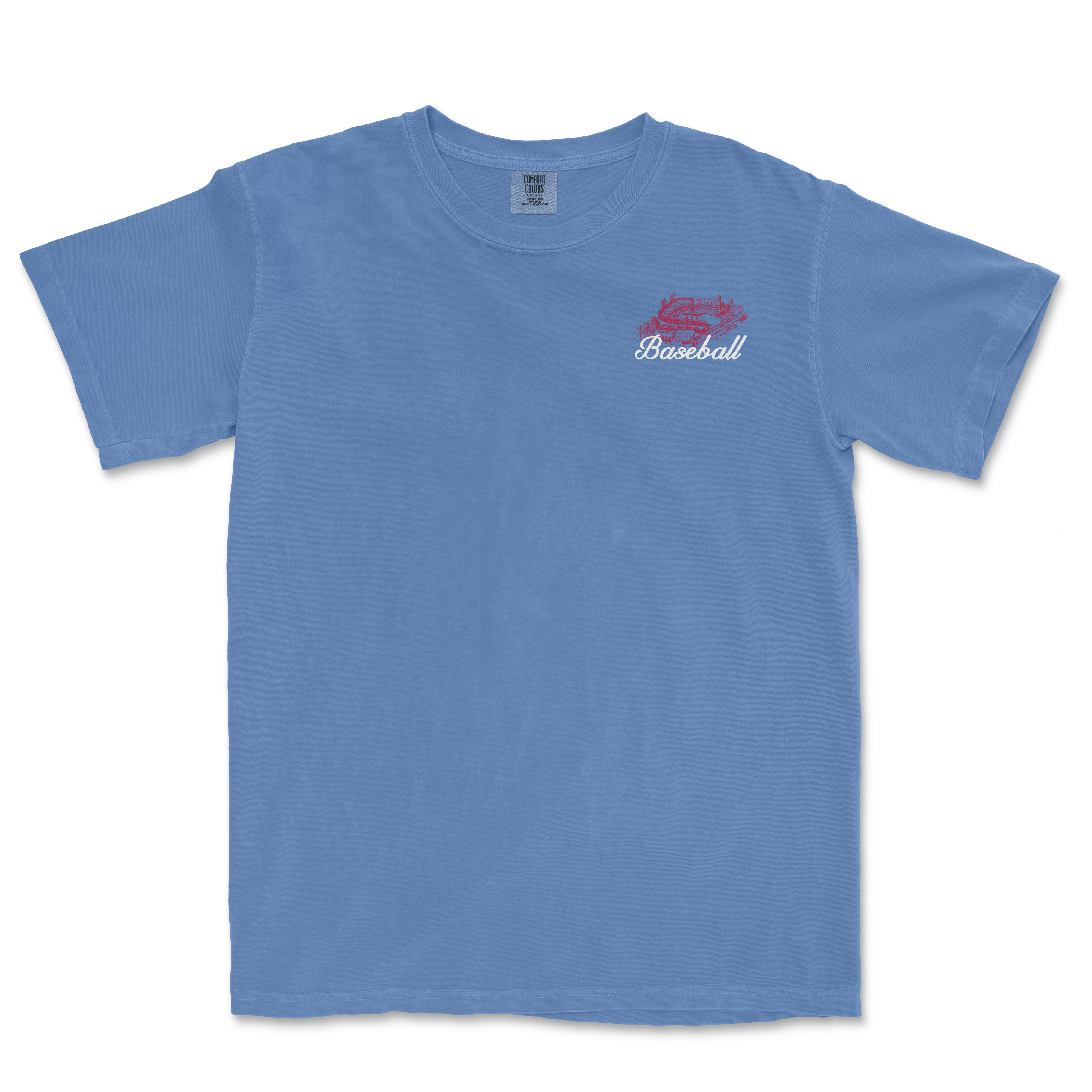 Light blue t-shirt featuring the text "Baseball" in a vintage style, celebrating America's pastime.