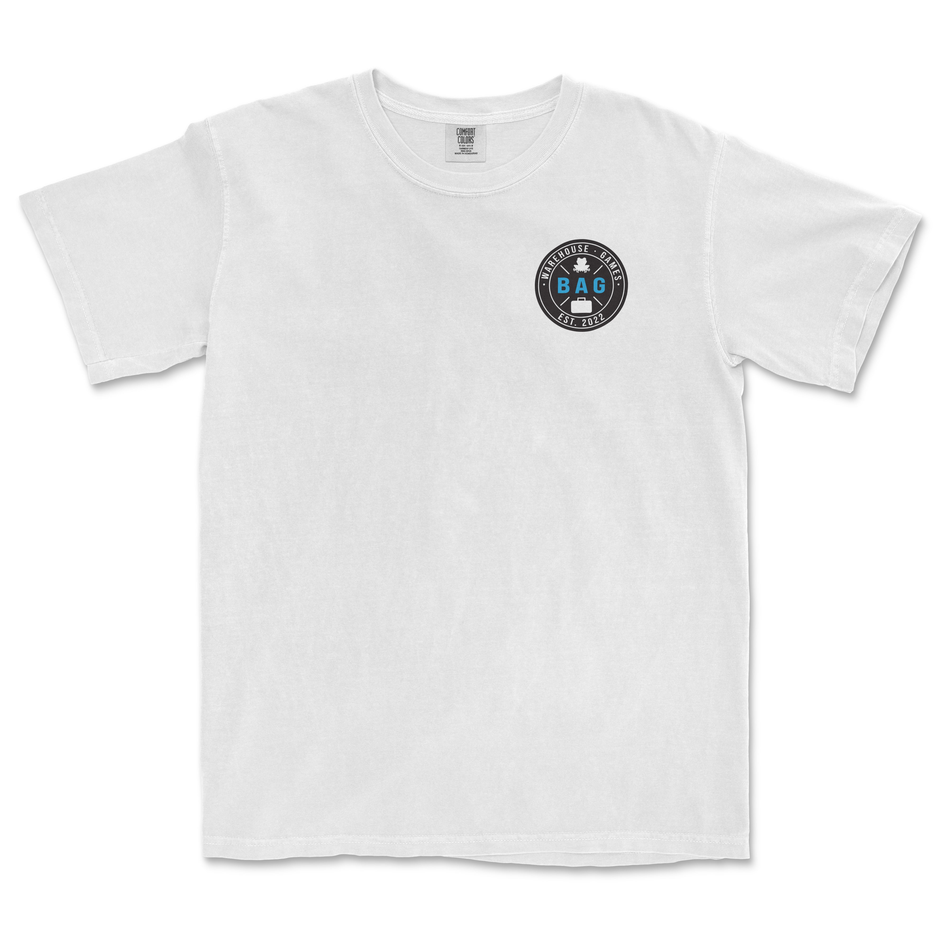 White T-shirt featuring a small circular "Warehouse Cup | Team Baggage" logo on the upper left chest area.
