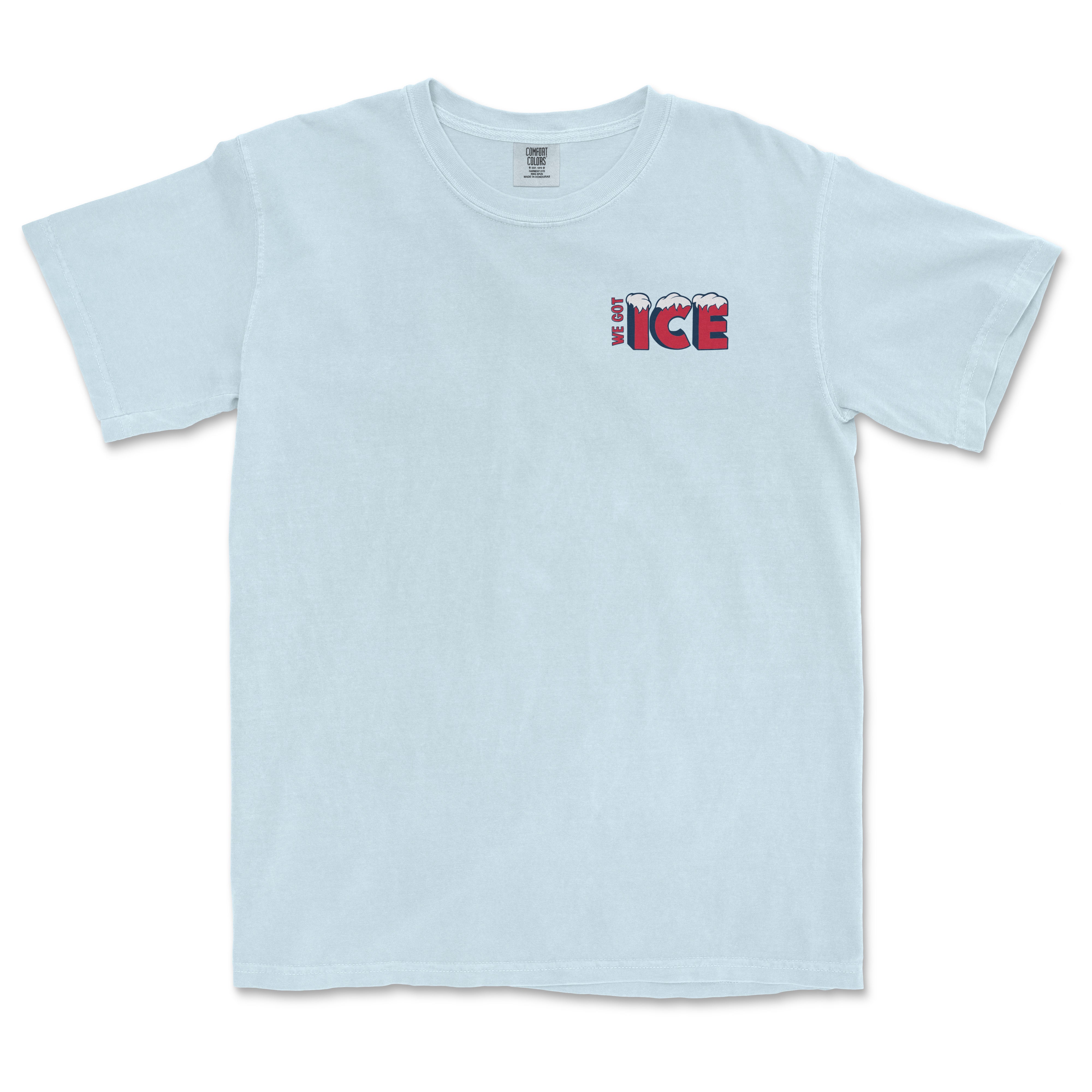 Light blue T-shirt with "We Got Ice" text and ice cube graphic on the chest, representing the Warehouse Cup collection.