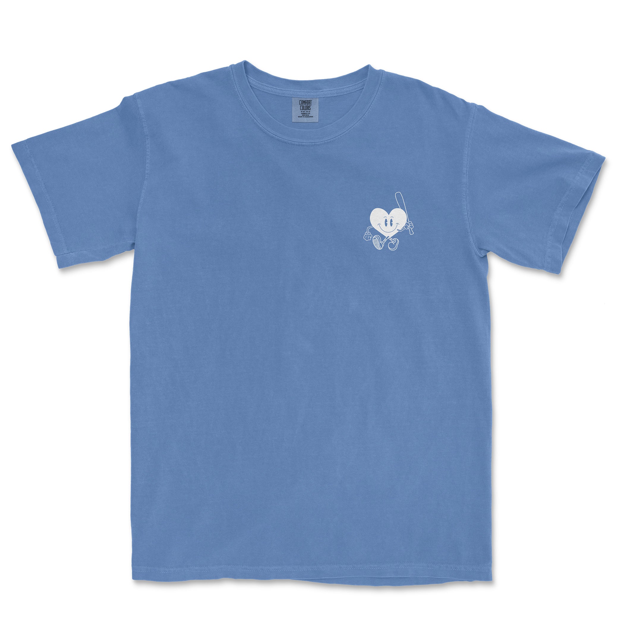 Blue Comfort Colors T-shirt featuring a small, white, cartoon-style heart character holding a fishing rod on the chest.