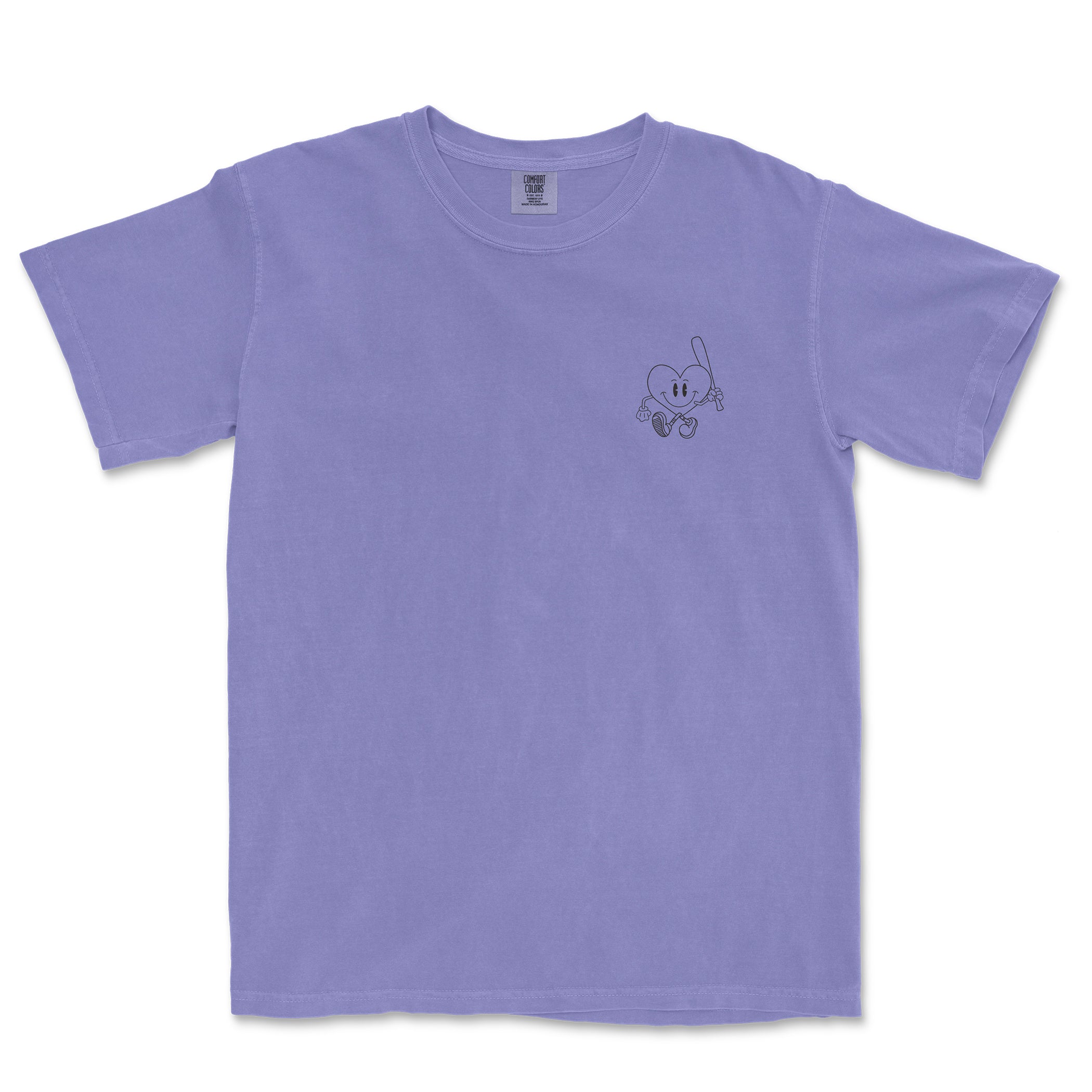 Lavender Comfort Colors T-shirt featuring a small cartoon heart character holding a fishing rod on the front left chest area.