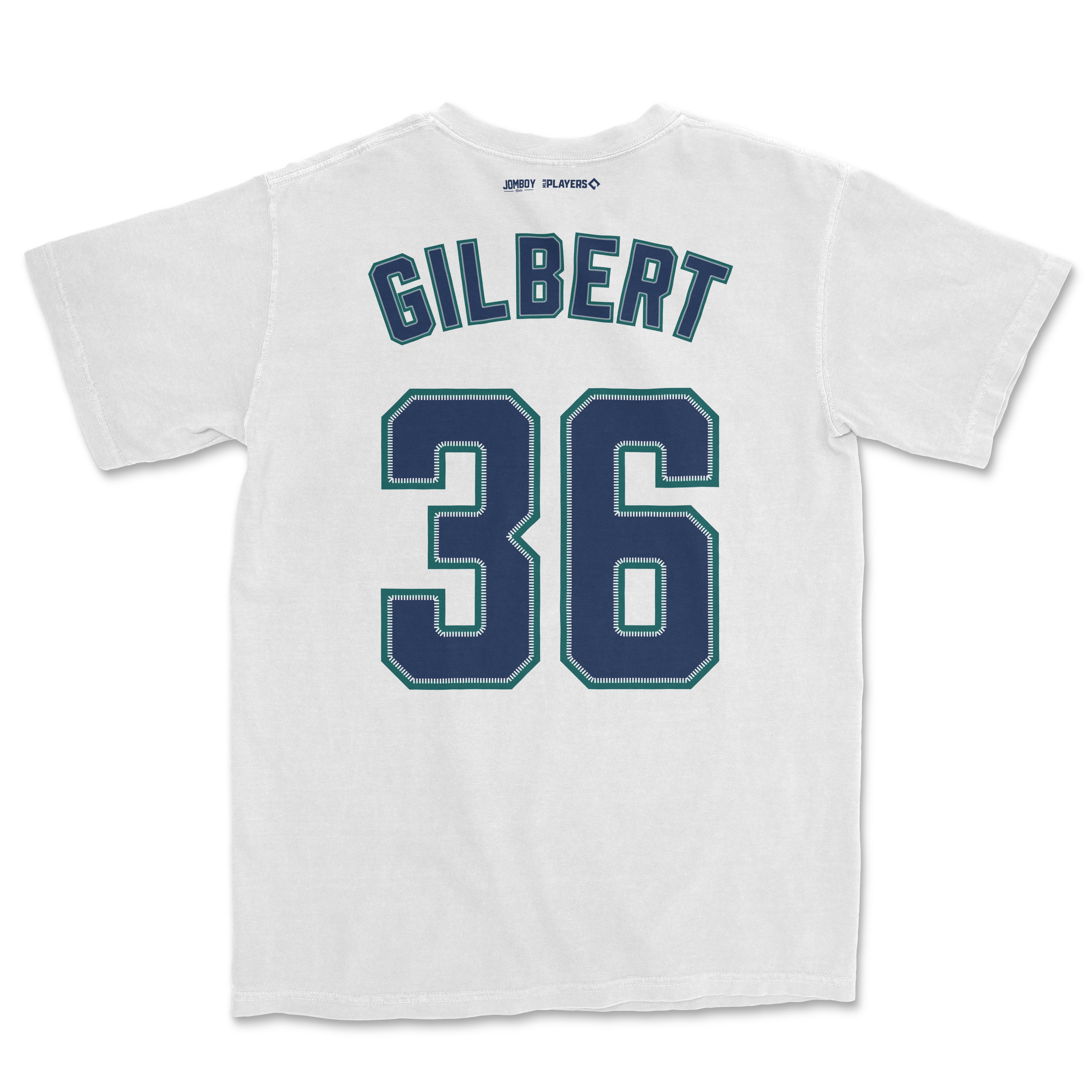 White Comfort Colors tee featuring "Gilbert 36" sports jersey-style print and logos on the back.