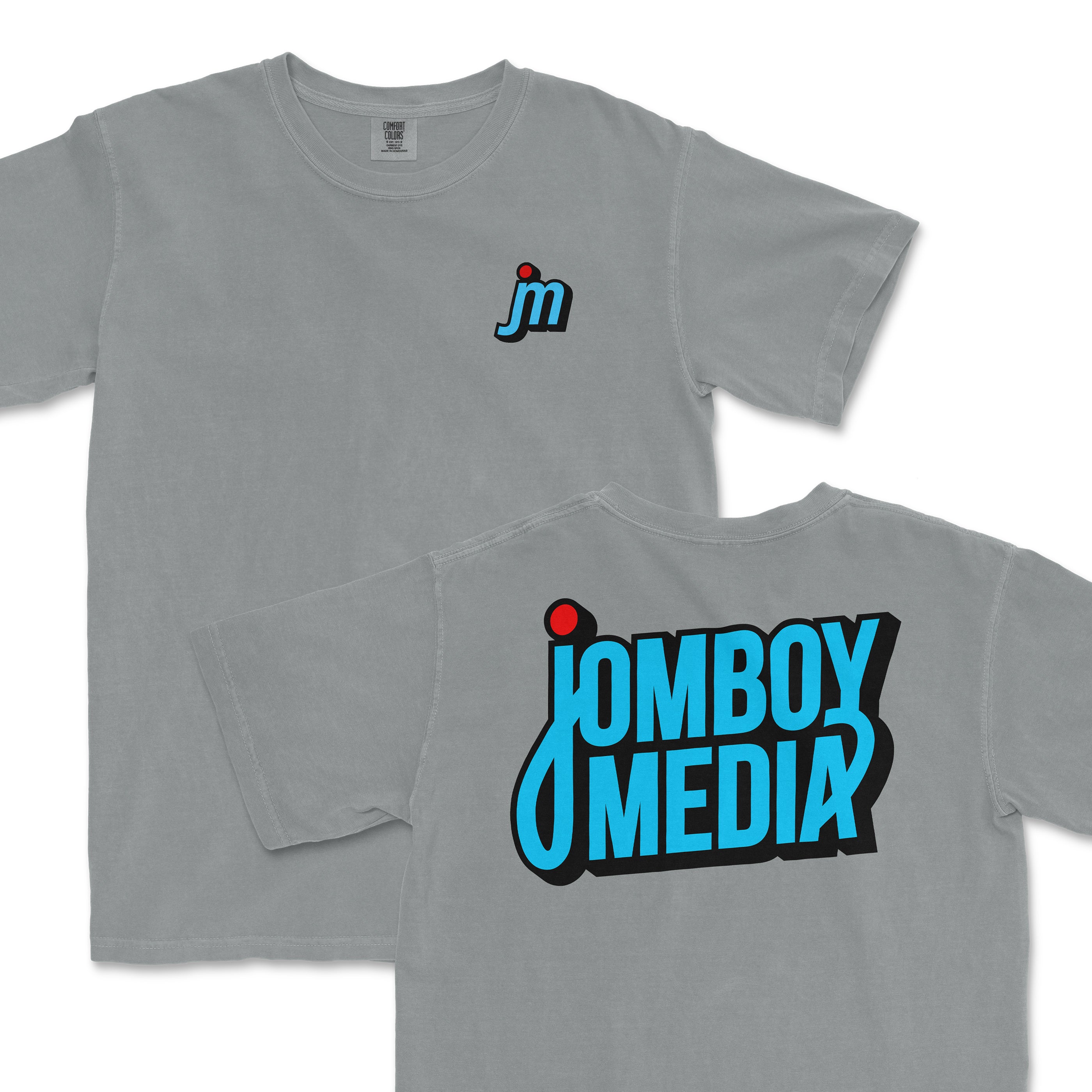 Gray JM Logo Tee featuring a small logo on the front and a bold Jomboy Media graphic on the back.