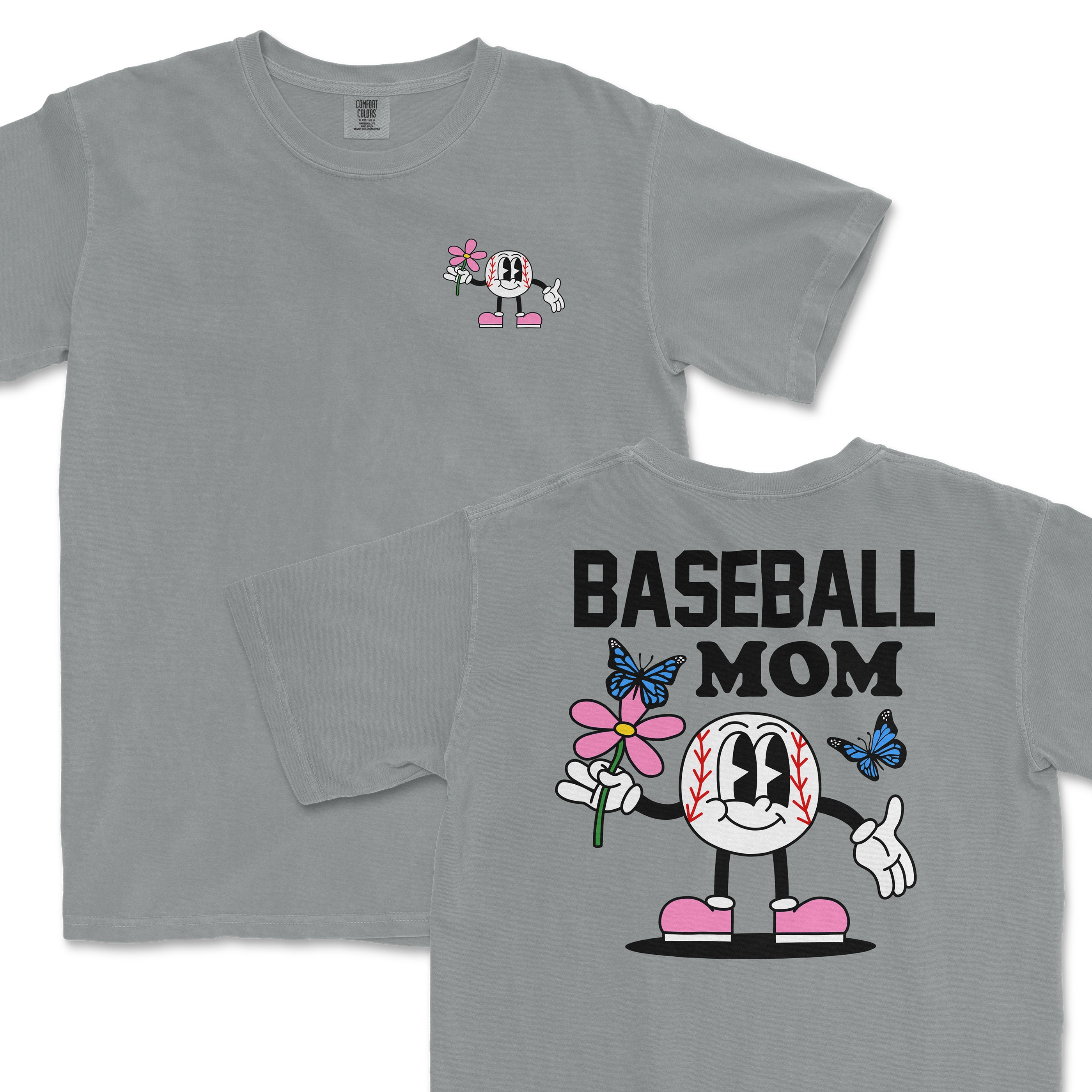 Gray Comfort Colors tee featuring a cartoon baseball character holding a pink flower, with "Baseball Mom" text and butterfly accents.