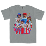 Gray T-shirt featuring a collage of baseball players, signatures, and bold "PHILLY" text in red and blue.