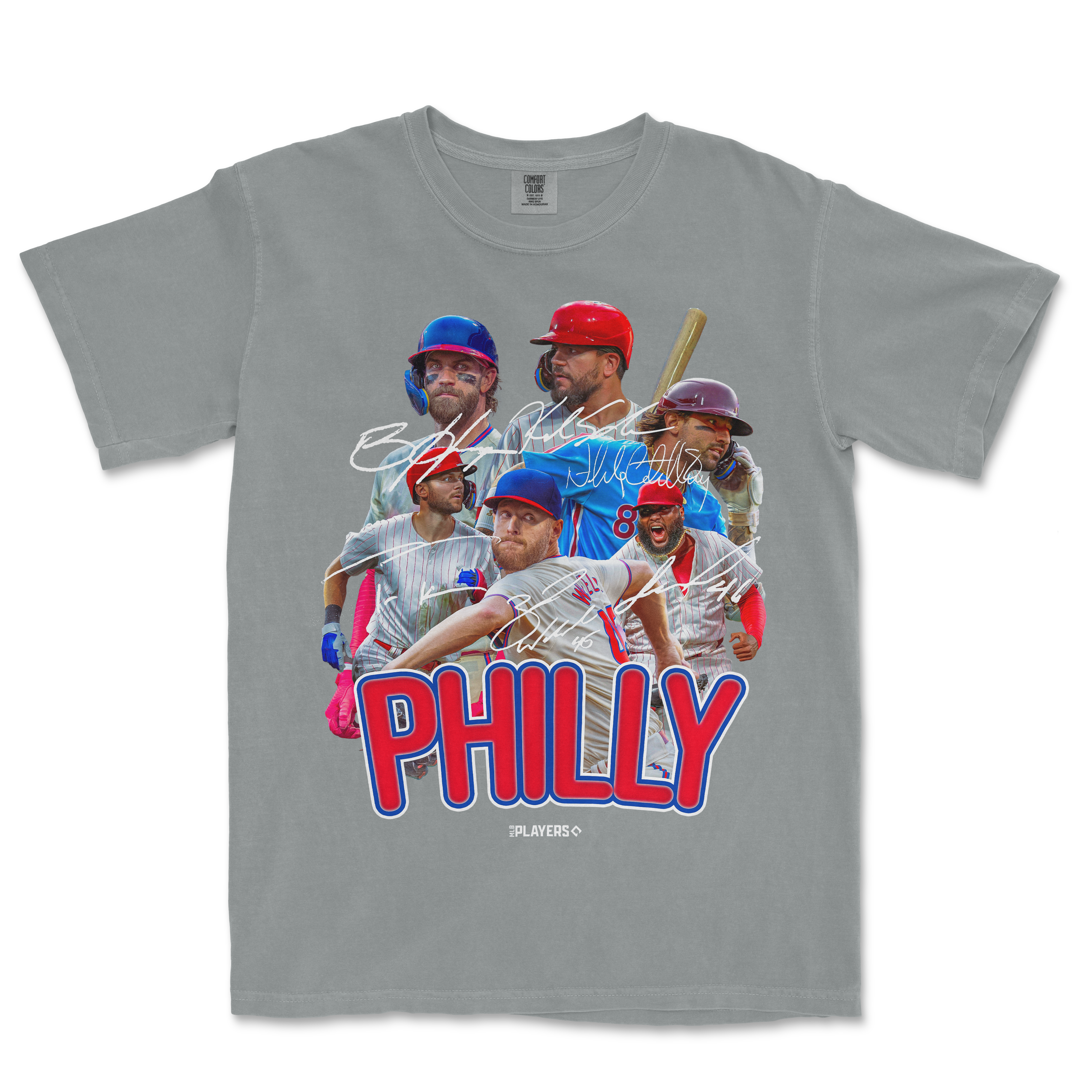 Gray T-shirt featuring a collage of baseball players, signatures, and bold "PHILLY" text in red and blue.