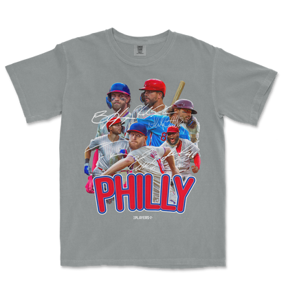 Gray T-shirt featuring a collage of baseball players, signatures, and bold "PHILLY" text in red and blue.