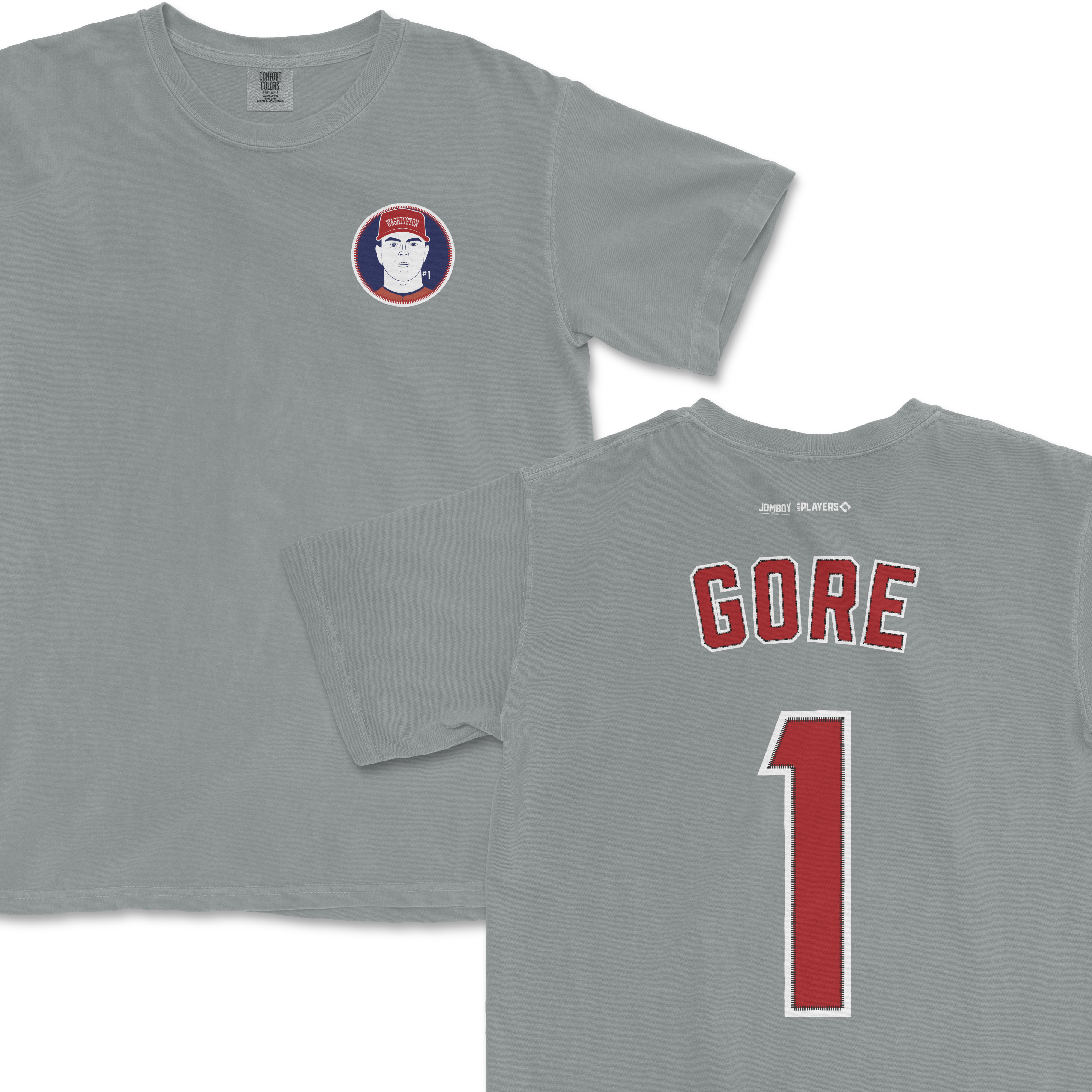 Gray Comfort Colors tee featuring a MacKenzie Gore Shirsey graphic on the front and Gore's name with number 1 on the back.