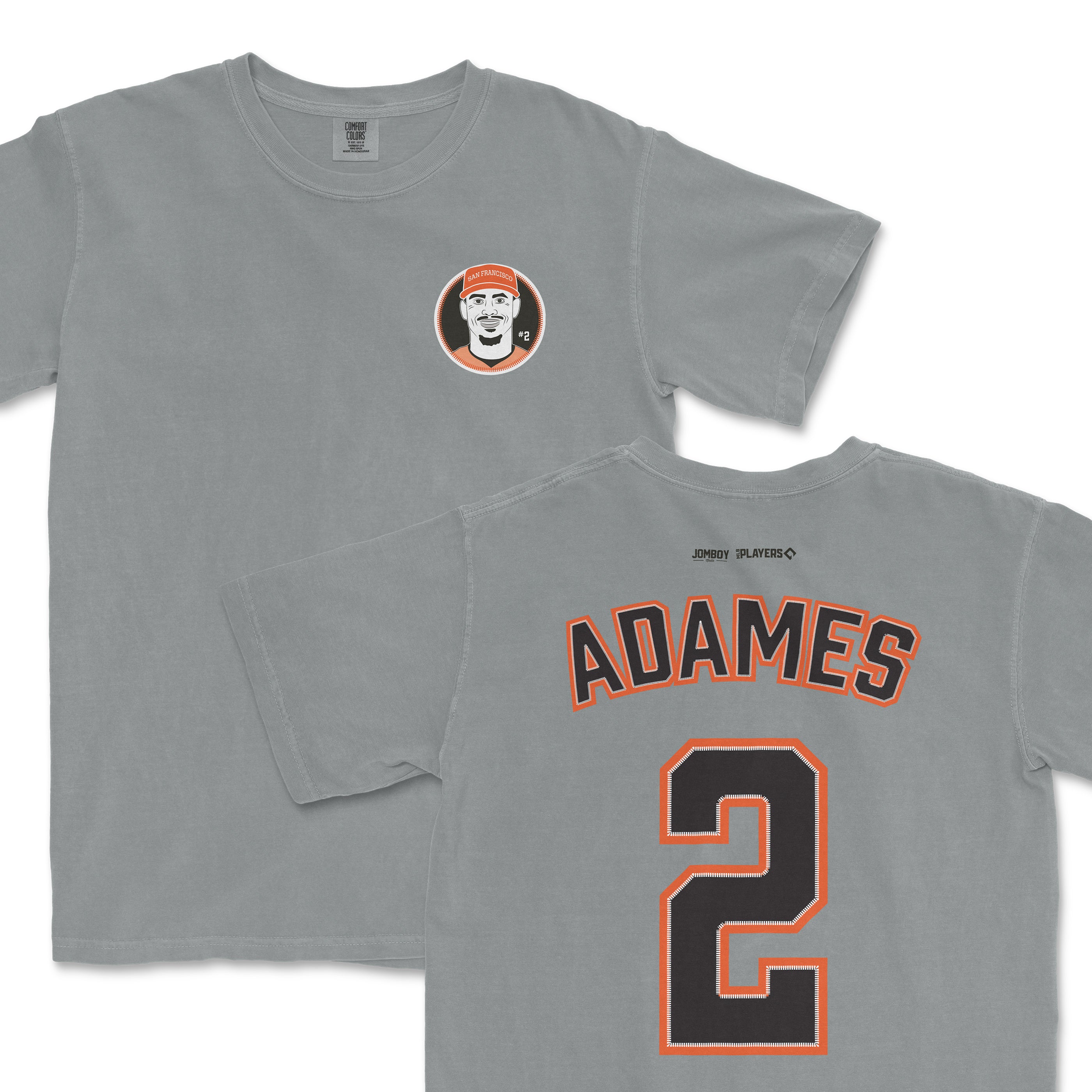 Gray Willy Adames jersey shirt featuring a front logo of a smiling cartoon face wearing a cap and a back with "ADAMES" and the number "2" in black and orange.